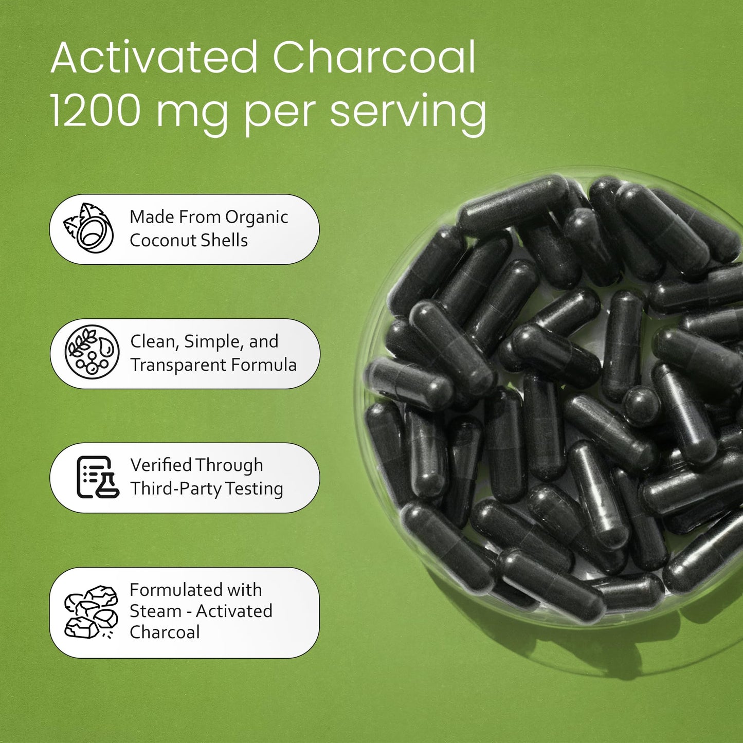 NaturaLife Labs Activated Charcoal 1200 mg per Serving from Coconut Shells, 100 Capsules