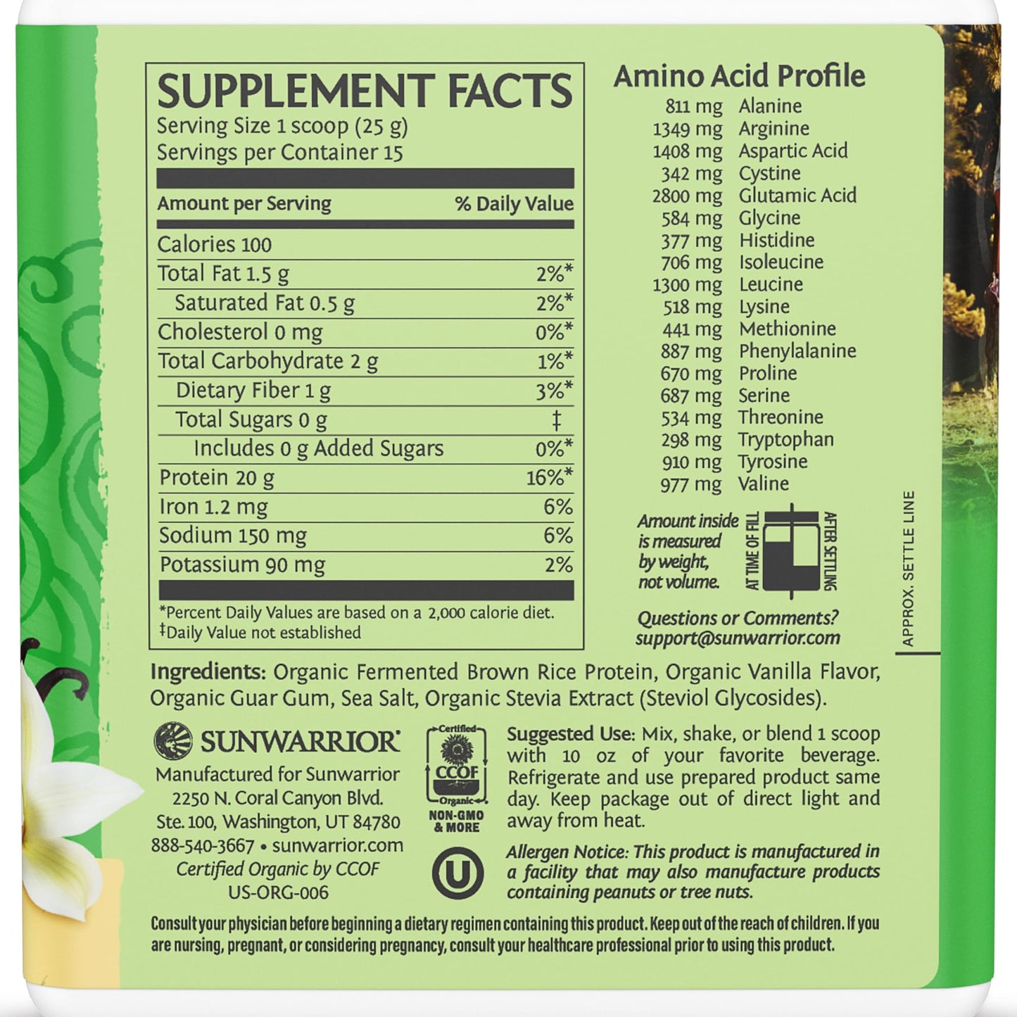 Sunwarrior Organic Classic Vanilla Protein Powder, 13.2 Ounce
