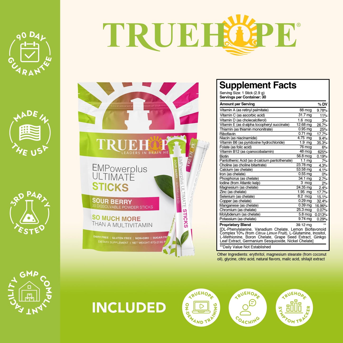 Truehope Multivitamin Nootropic Pouches with Inositol - Once-Per-Day EMPowerplus Ultimate Sticks Powder, 30 Count