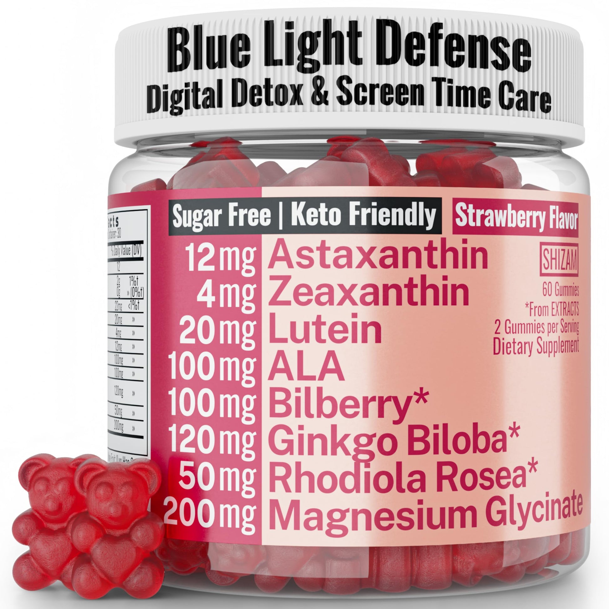 SHIZAM Rhodiola Rosea ALA Ginkgo Biloba Astaxanthin Lutein Zeaxanthin Bilberry Magnesium Glycinate Gummies, 60 Count