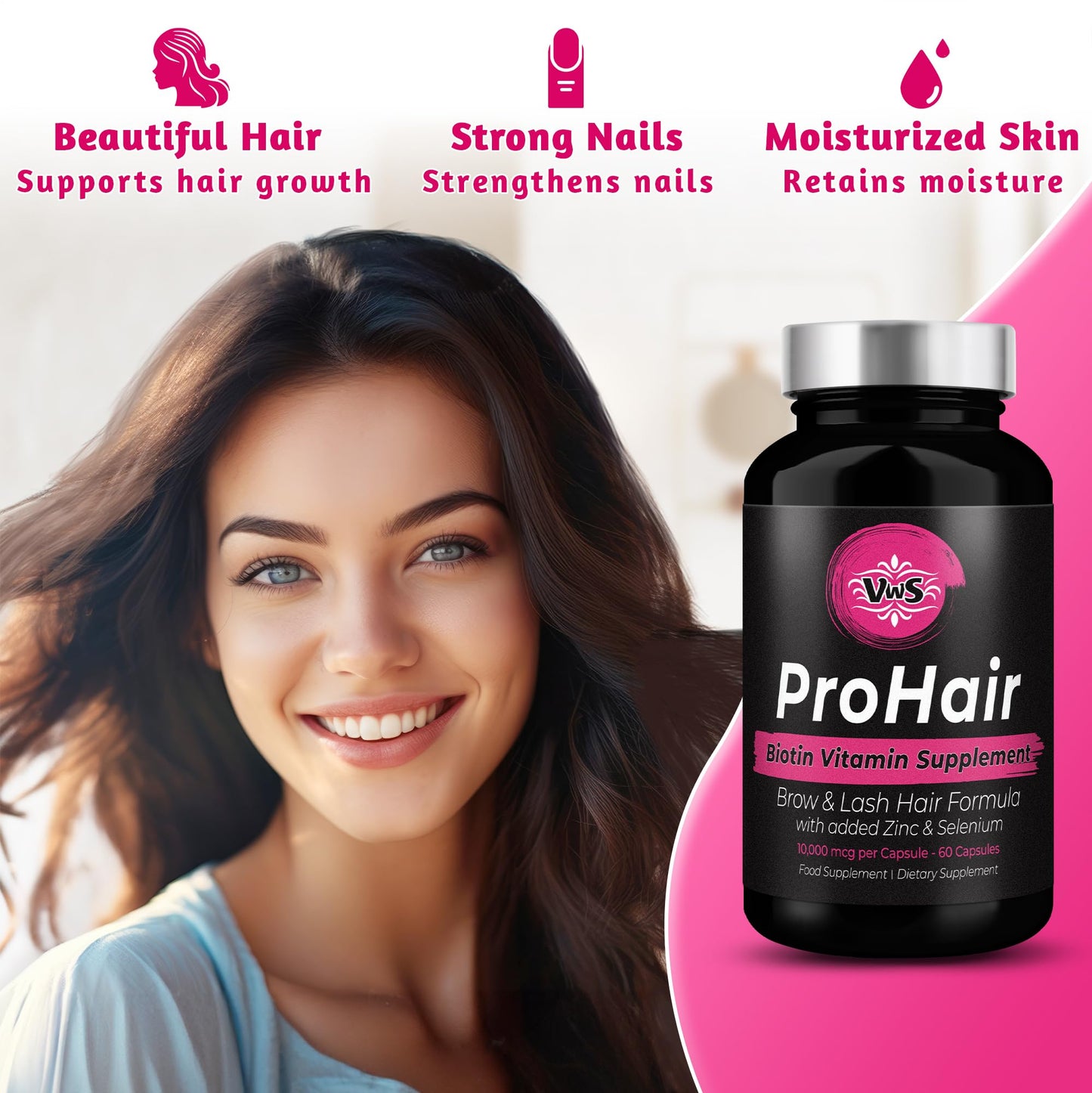 VWS Biotin 10,000 mcg Dietary Supplement with Zinc & Selenium for Hair, Nails & Skin – 60 Capsules