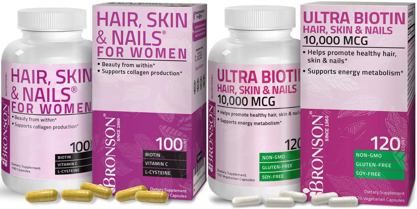 Bronson Hair, Skin & Nails with Biotin Extra Strength Vitamin Supplement for Women + Ultra Biotin 10,000 mcg, 1 Tablet