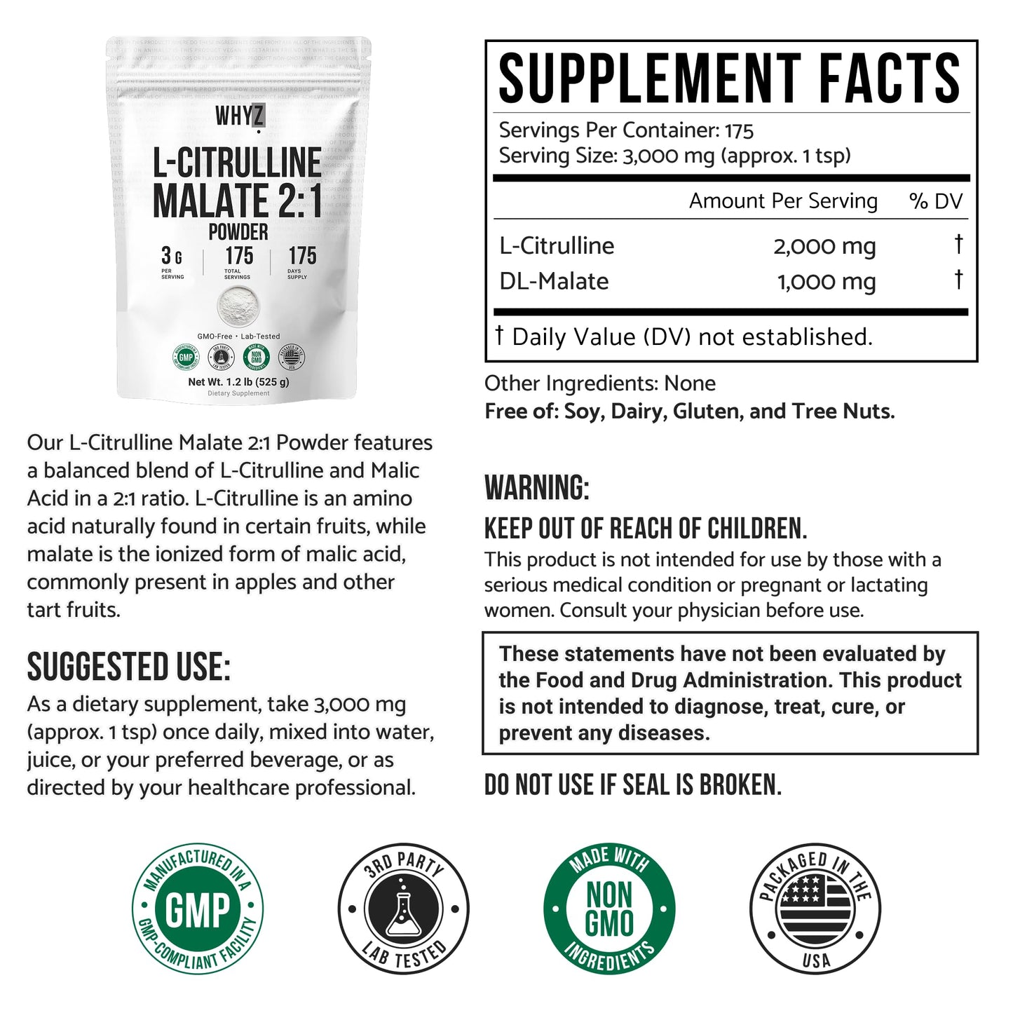 WHYZ L-Citrulline Malate 2:1 Powder 18.5 oz