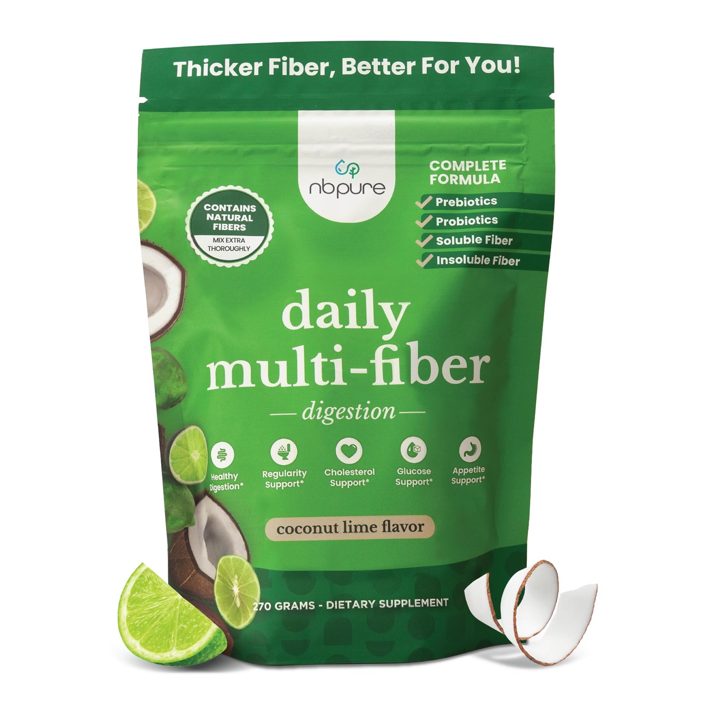 nbpure Daily Fiber Powder Blend for Digestive Health, Cholesterol Support, Healthy Weight Management - with Prebiotic, Insoluble, Soluble Fiber + 4 Probiotic Strains, Coconut Lime, Powder, 9.5 oz