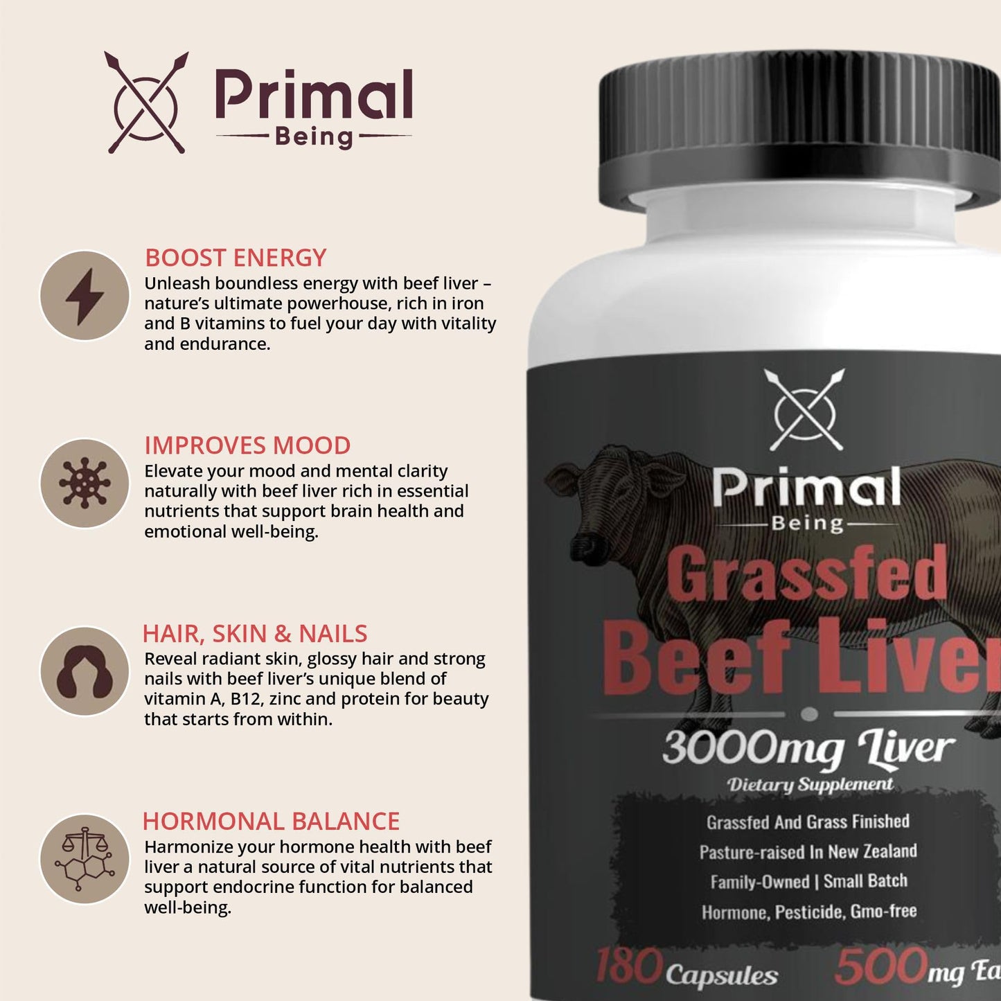 Primal Being Grassfed Beef Liver 3000mg Freeze-Dried Capsules, 180 Count