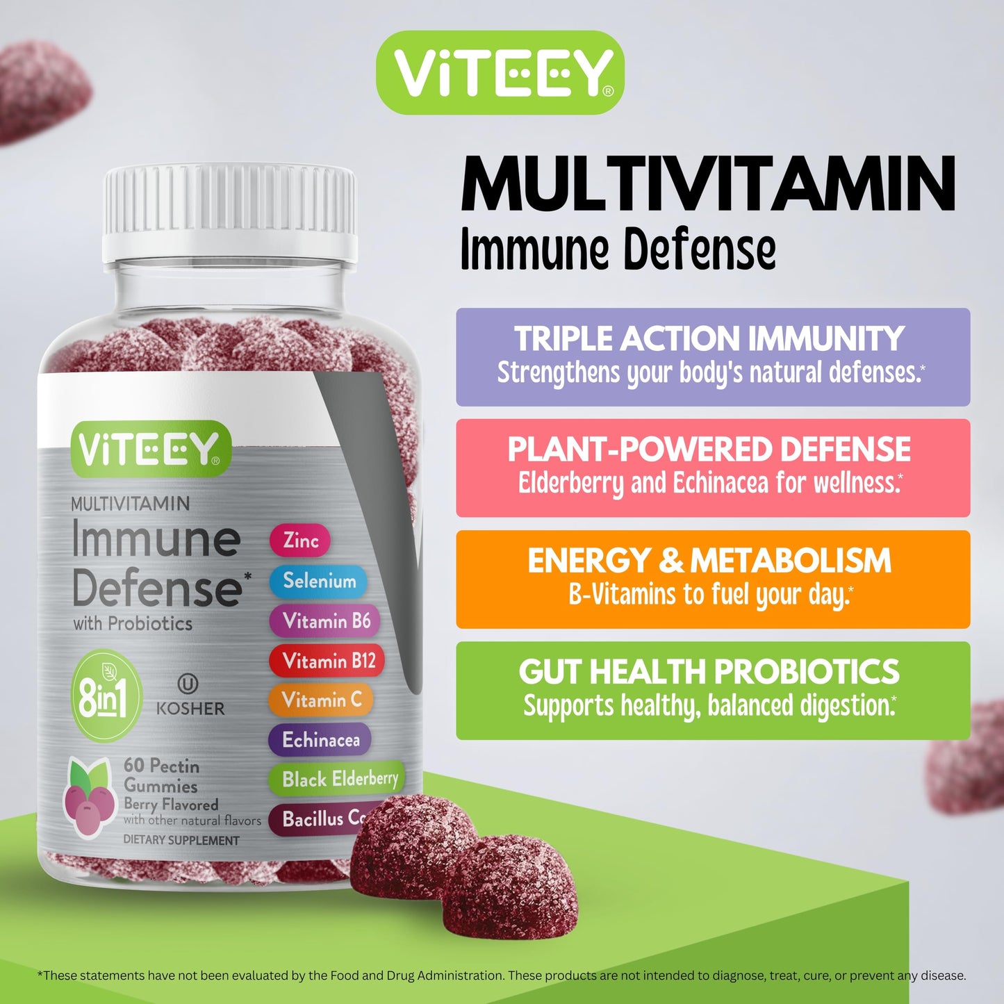 Viteey Multivitamin Gummies 8-in-1 Immune Support with Probiotics, 60 Gummies