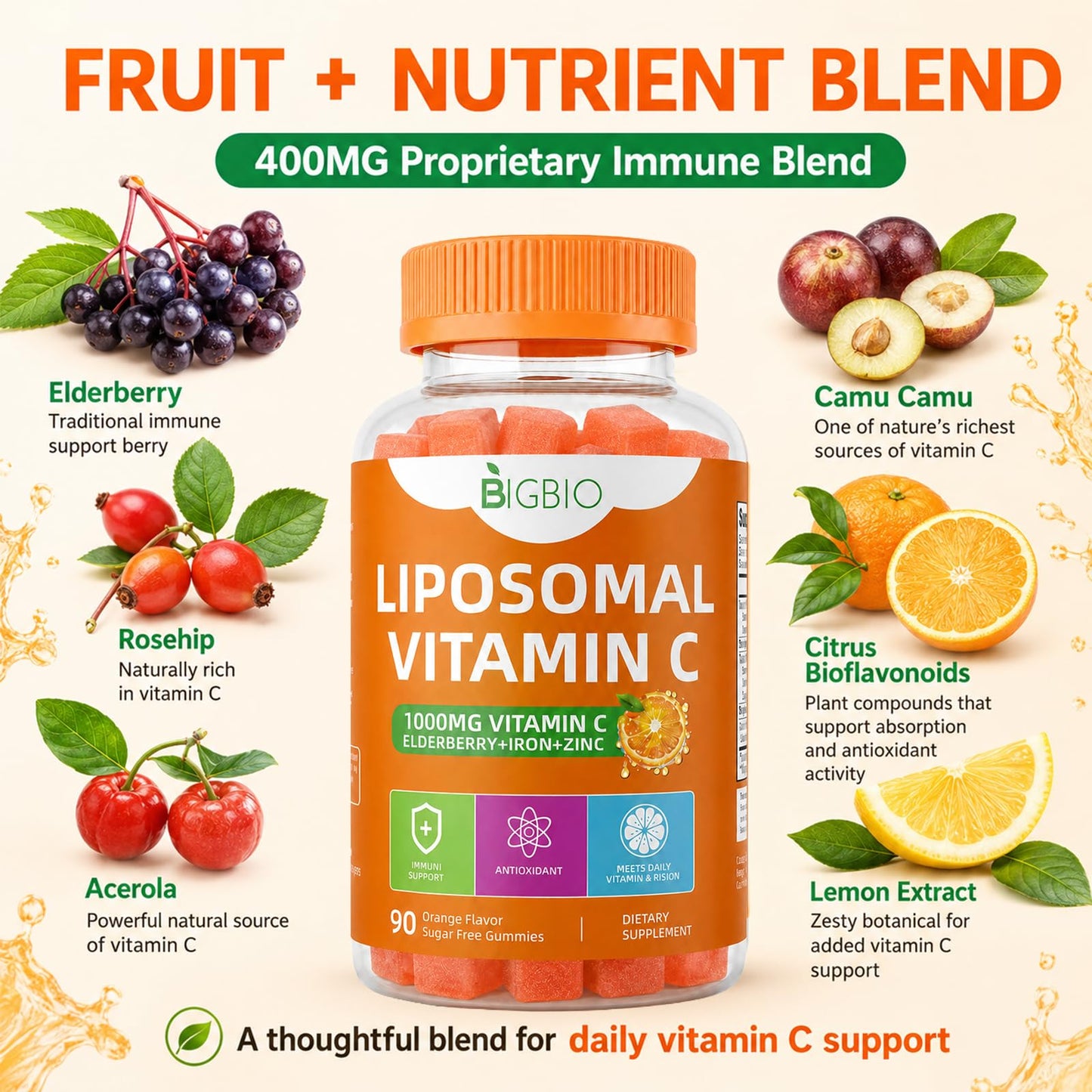 BIGBIO Liposomal Vitamin C Gummies 1000mg with Elderberry, Zinc & Iron for Immune Support, 90 Gummies