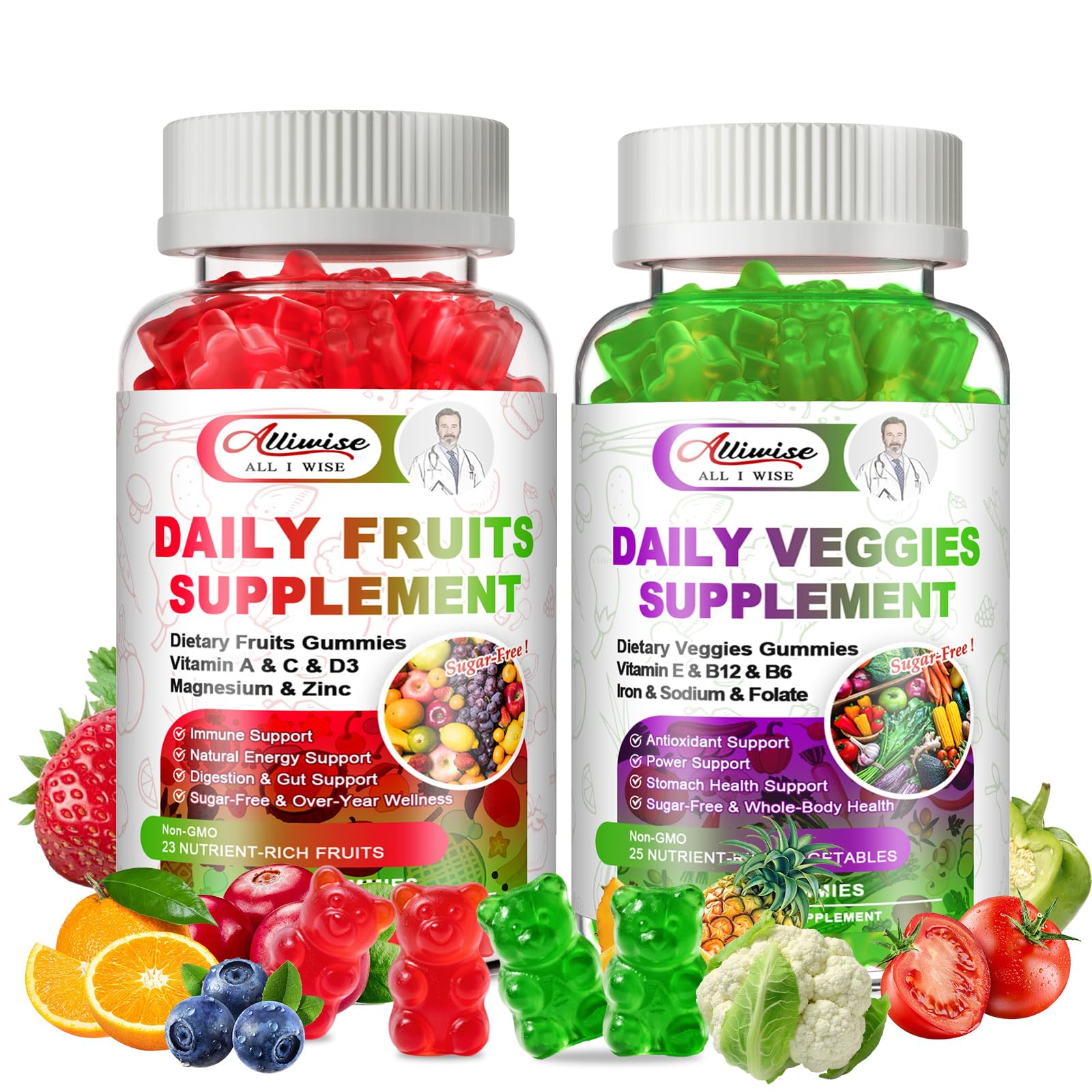Alliwise Sugar-Free Fruits & Veggies Gummies, Super Greens with 23 Fruits & 25 Veggies, Multivitamin Minerals & Fiber, Vegan Fruit & Vegetable Supplement for Adults, 120 Gummies