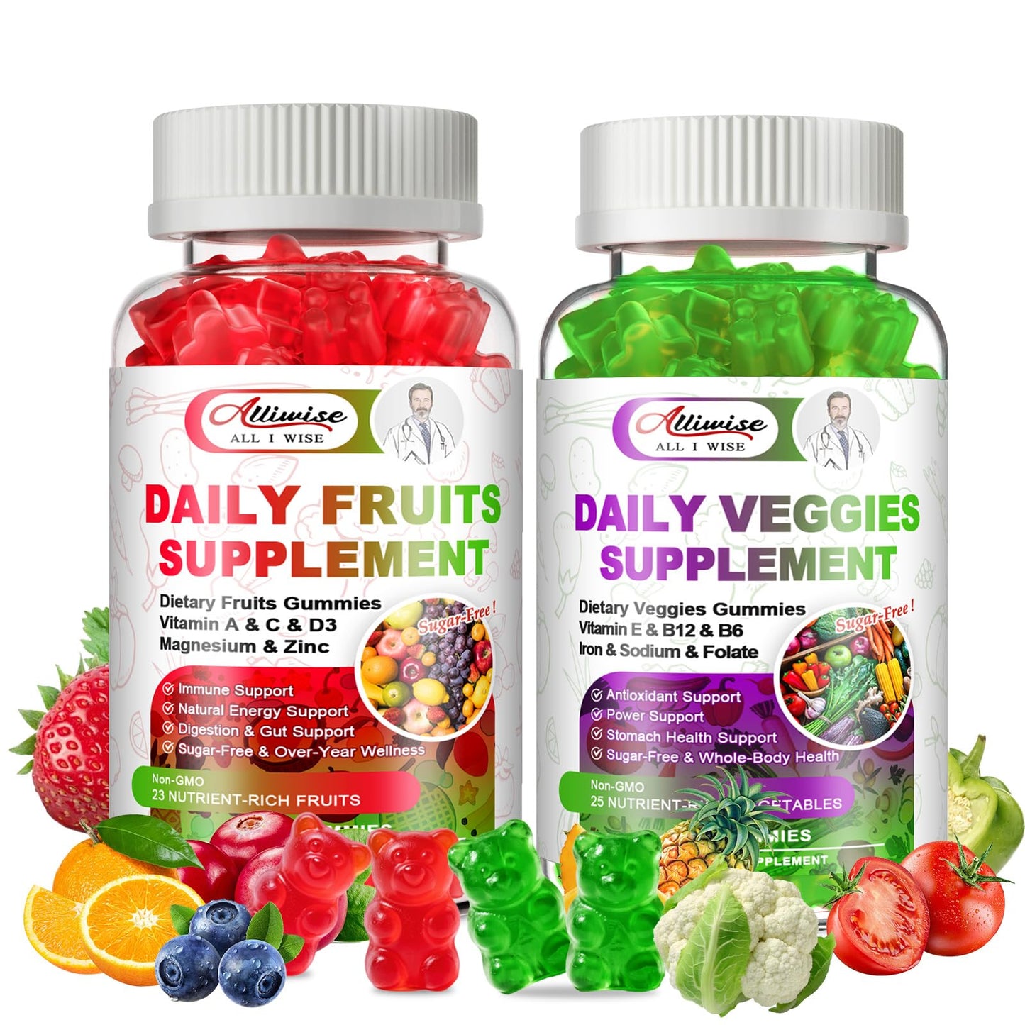 Alliwise Sugar-Free Fruits & Veggies, Super Greens with 23 Fruits & 25 Veggies, Multivitamin Minerals & Fiber, Vegan Fruit & Vegetable Supplement for Adults, 120 Gummies