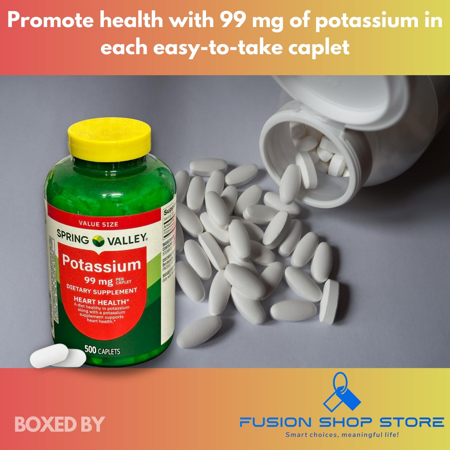 Fusion Shop Store Potassium 99mg Caplets, 500 Count