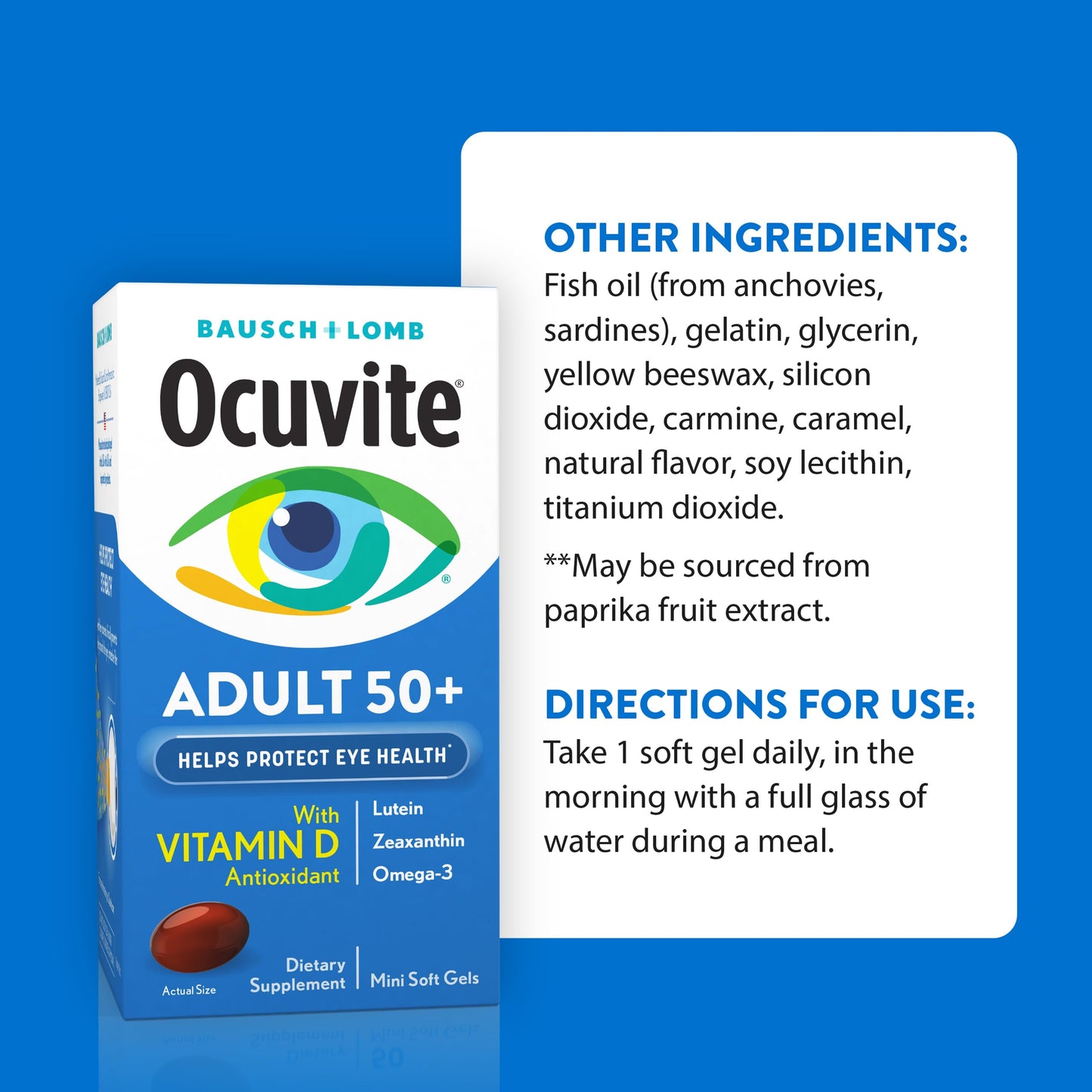Ocuvite 50+ Eye Vitamin & Mineral Supplement, Multivitamin for Vision & Ocular Health with Omega-3, Zinc, Vitamins C & E, Lutein & Zeaxanthin, Zinc Supplements for Women and Men, 90 Softgels