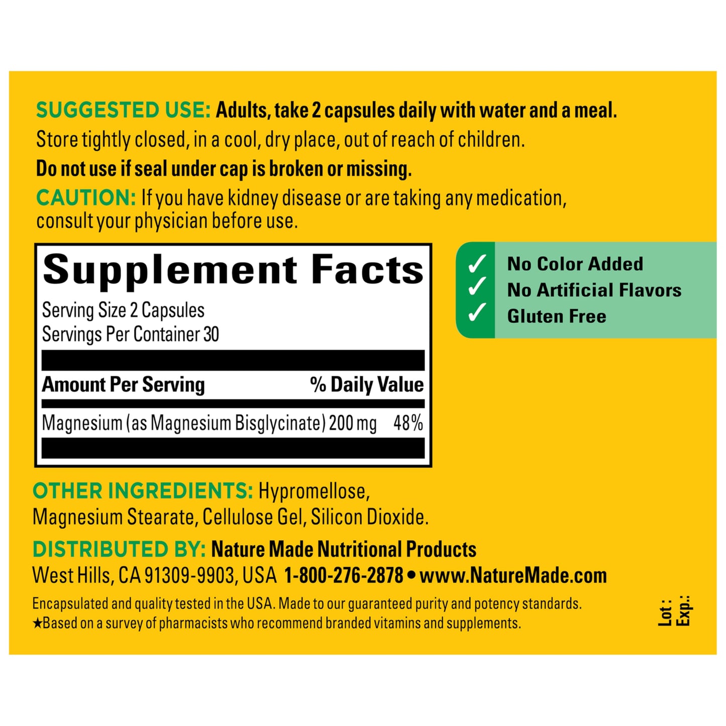 Nature Made Magnesium Glycinate 200 mg per Serving Capsule, 60 Count