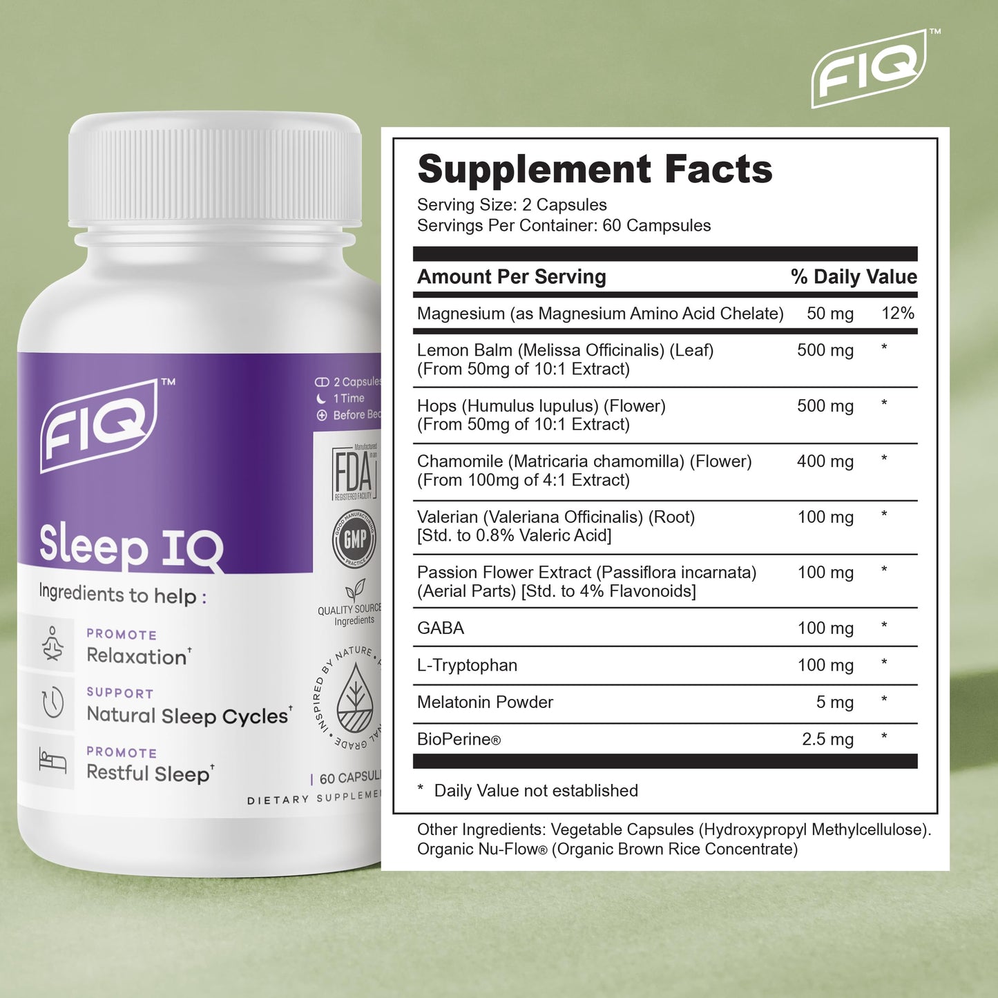 FIQ Sleep IQ Sleep Aid Magnesium Supplement with 5 mg Melatonin, Lemon Balm, & Valerian Root 60 Capsules