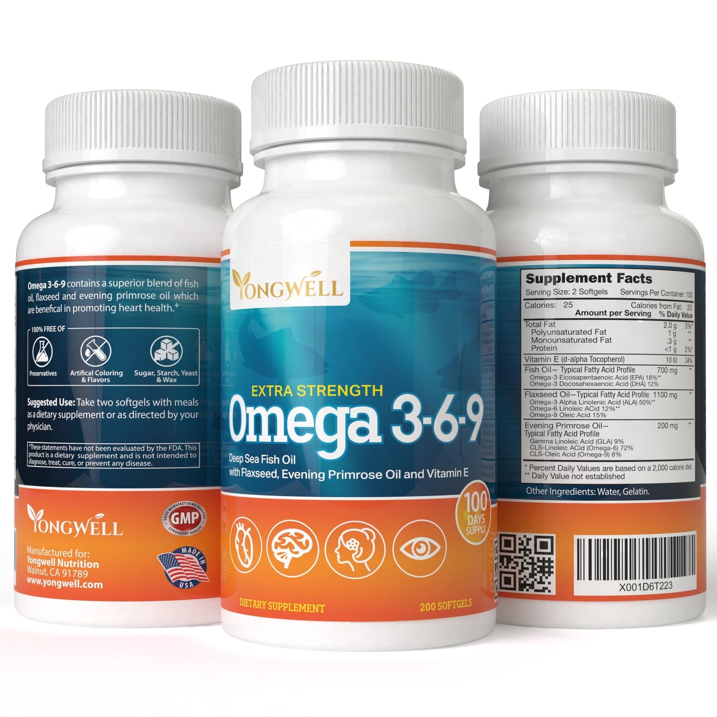 VitaVita Triple Strength Omega 3-6-9 Fish Oil, Flaxseed & Evening Primrose Oil, 2000mg EPA & DHA Softgels, Pack of 200