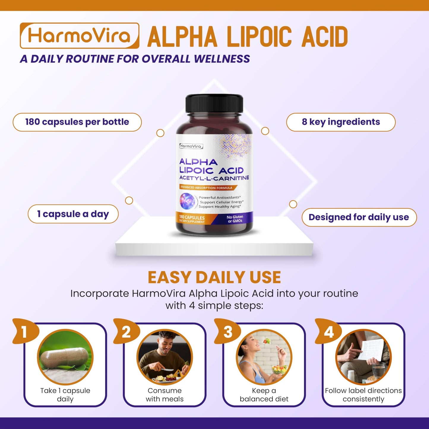 HarmoVira Alpha Lipoic Acid Acetyl-L-Carnitine with Ubiquinol, Curcumin & B Vitamins, Daily Wellness Support, 180 Capsules