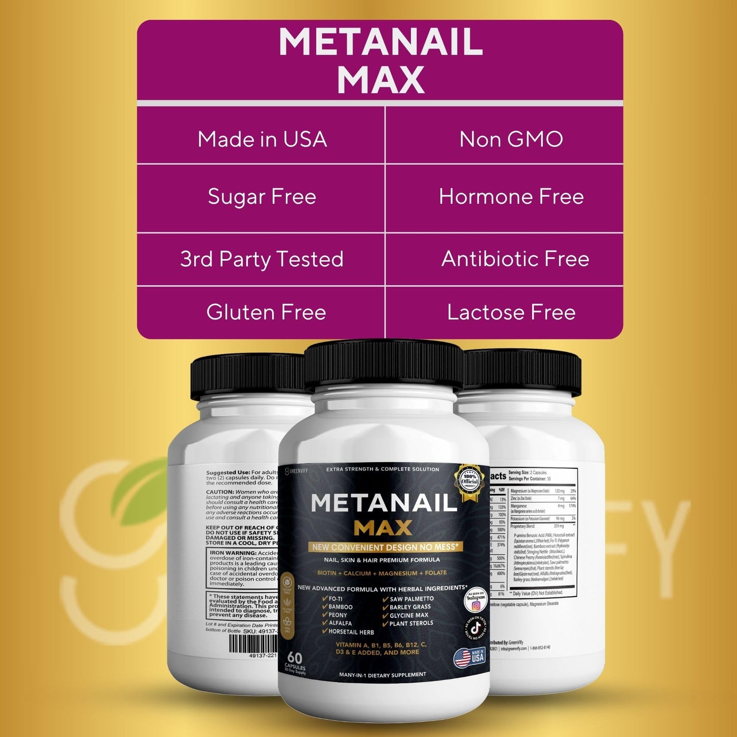 GREENVIFY Metanail Max Hair, Skin & Nail Supplement Capsules, Biotin 5000mcg, 300 Capsules