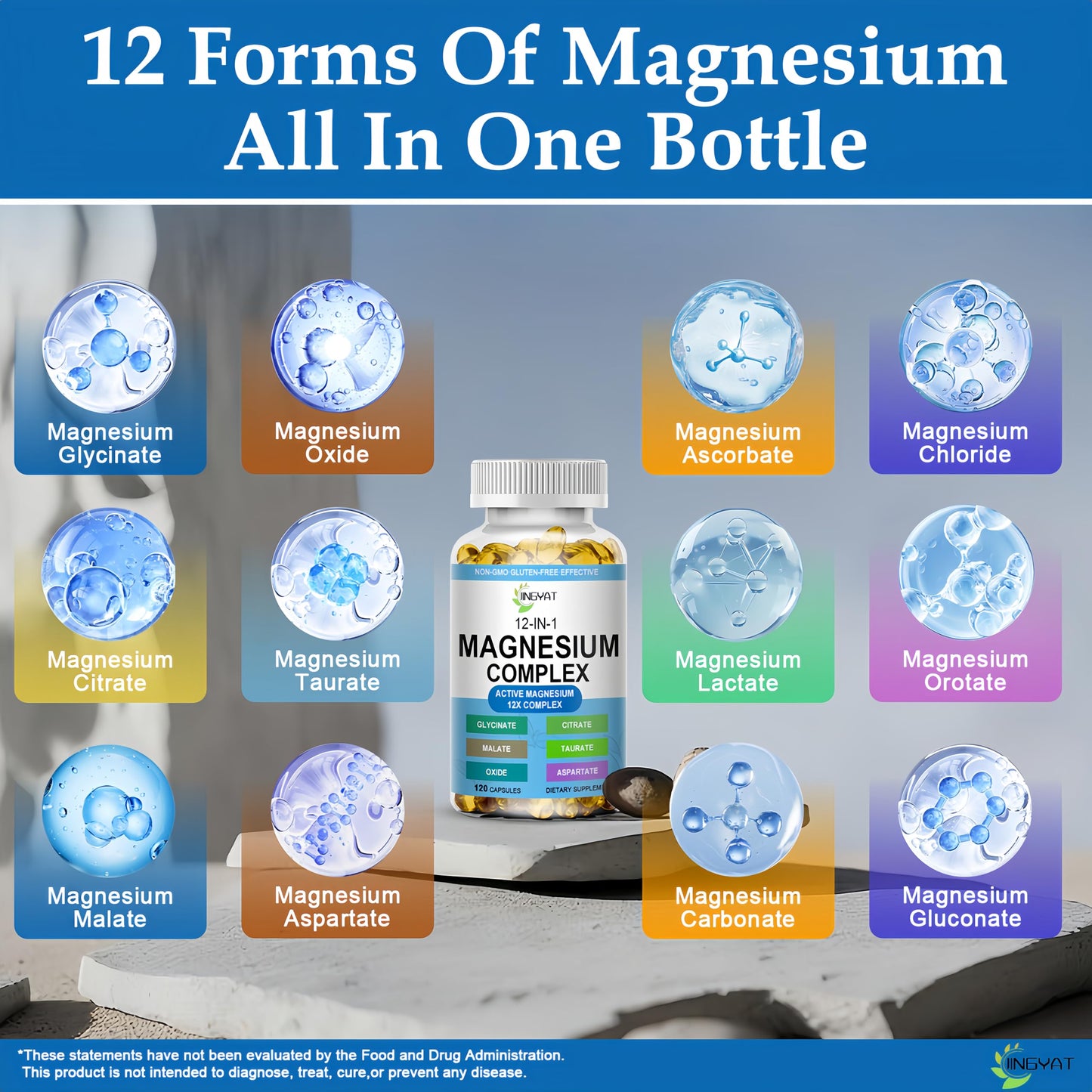 JINGYAT Magnesium Complex Softgels - 12-in-1 Magnesium Supplement with Glycinate, Citrate, Malate, Oxide, Taurate - High Absorption Magnesium Complex for Muscle, Heart, Sleep, Bone, Nerve Support, 120 Count