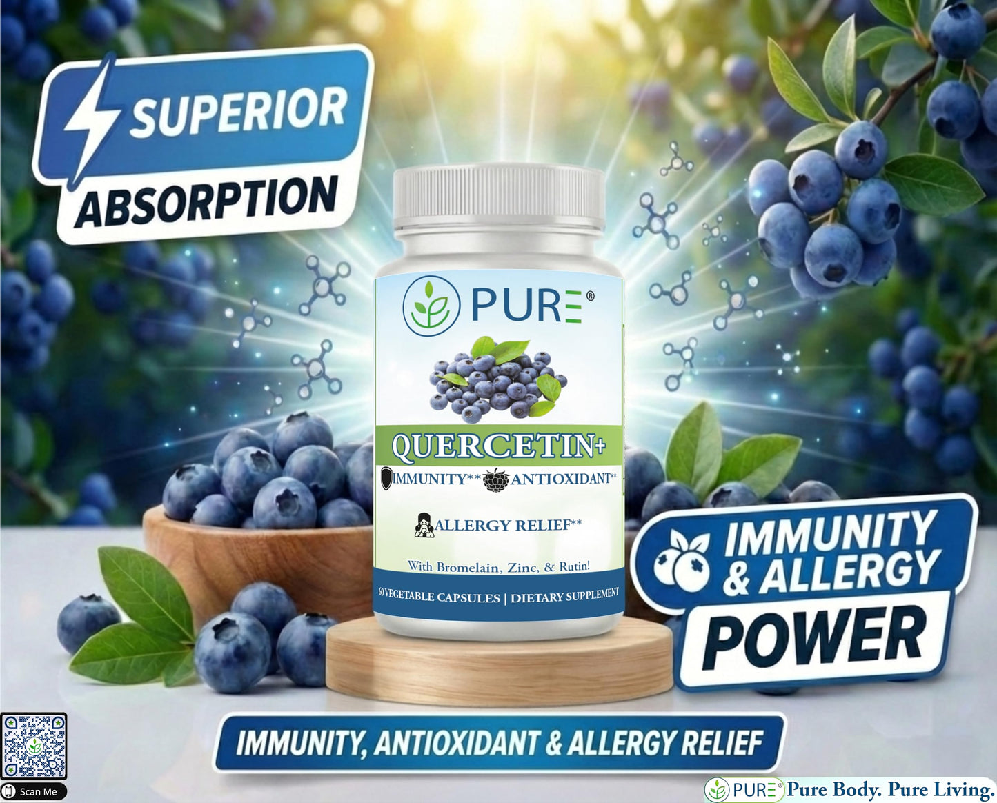 PURE Quercetin+ with Zinc, Bromelain, Rutin Immune Shield, 60 Capsules