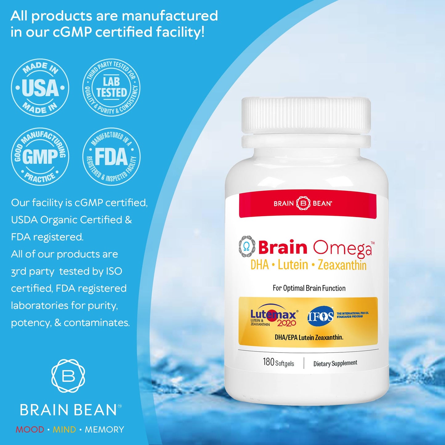 Brain Bean Brain Omega with Lutein and Zeaxanthin Softgels, 180 Count