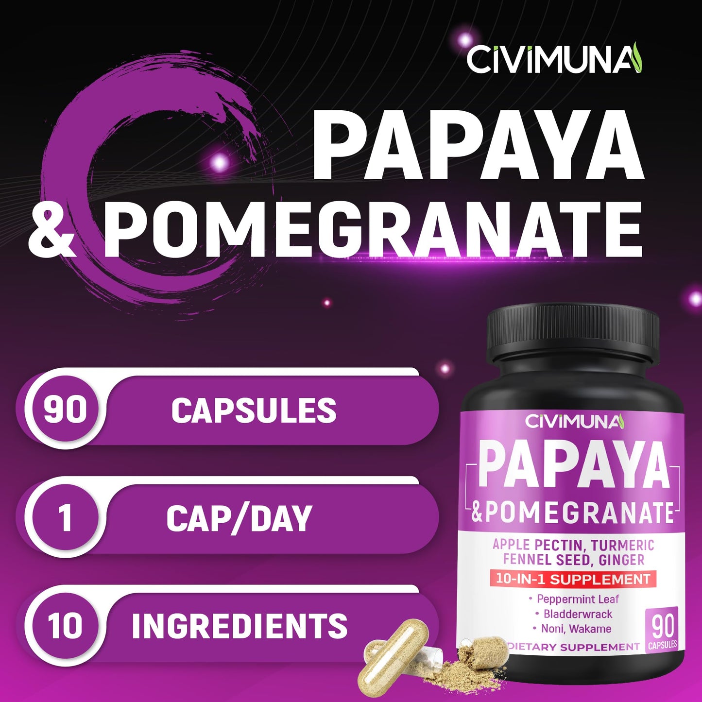 CIVIMUNA Papaya Capsules with Papaya, Pomegranate, Apple Pectin and More, 90 Capsules