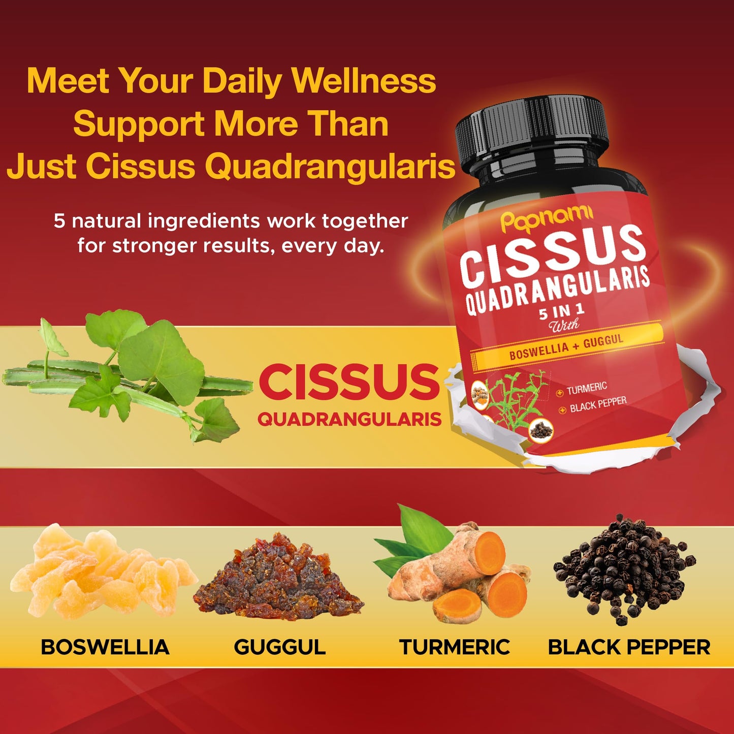Papnami Super Cissus Quadrangularis Extract Capsules with Boswellia, Guggul, Turmeric, Pepper, 90 Count