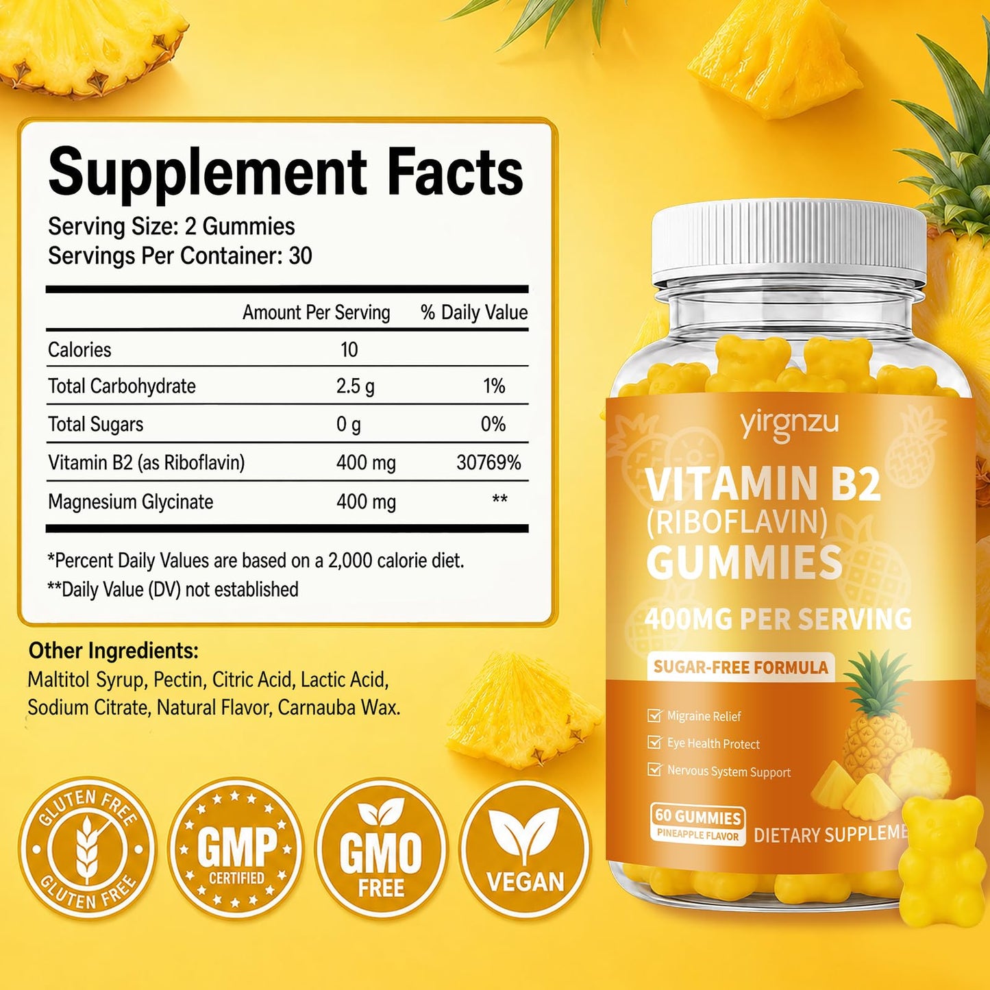 yirgnzu Vitamin B2 Gummies Riboflavin 400mg Supplement with Magnesium, Vegan, 60 Gummies