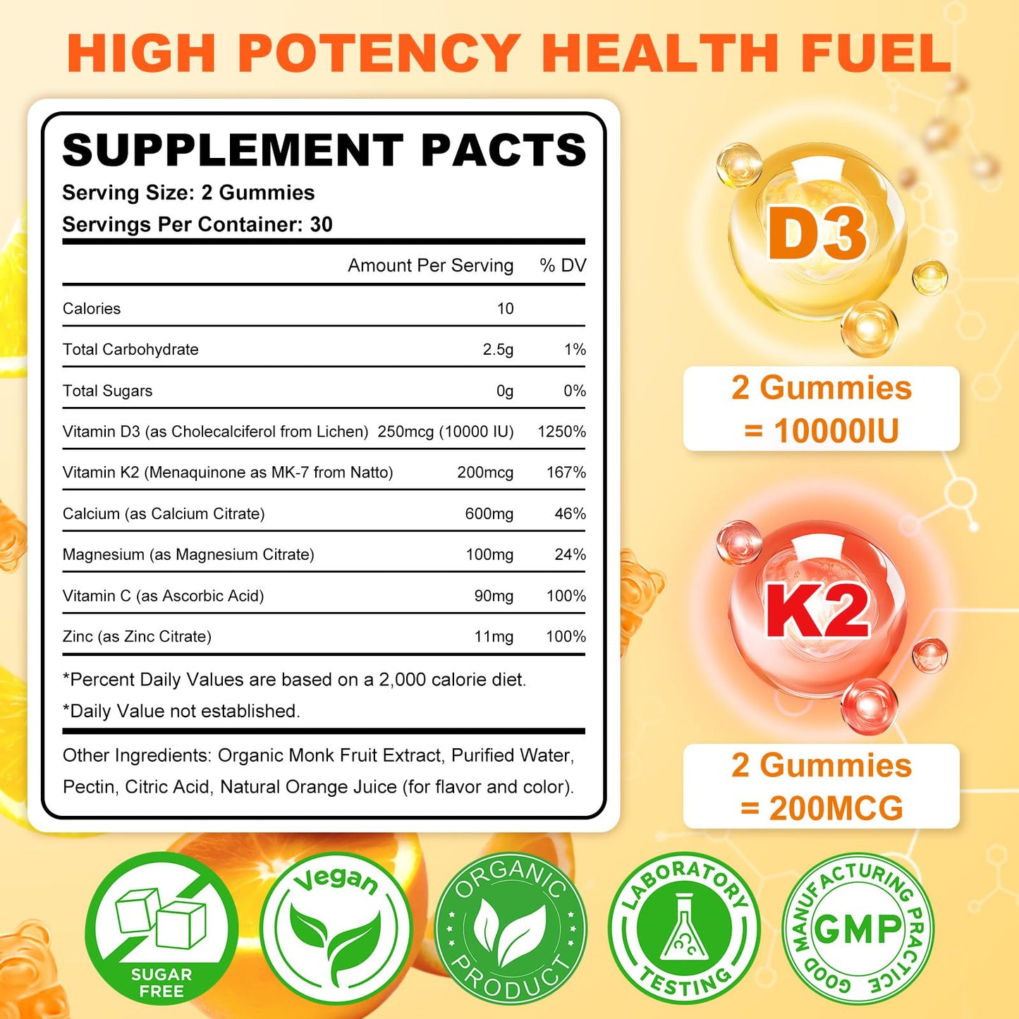 Sijigood 6-in-1 Vitamin D3 K2 Gummies, Sugar Free, 60 Count
