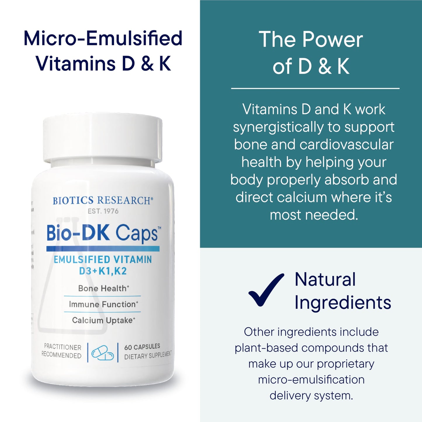 BIOTICS RESEARCH Bio-DK Caps Emulsified Vitamin D and K, Vitamin D3 125 mcg & Vitamin K (K1, K2) 550 mcg MK7, Vitamin D3 K2 K1, 60 Capsules