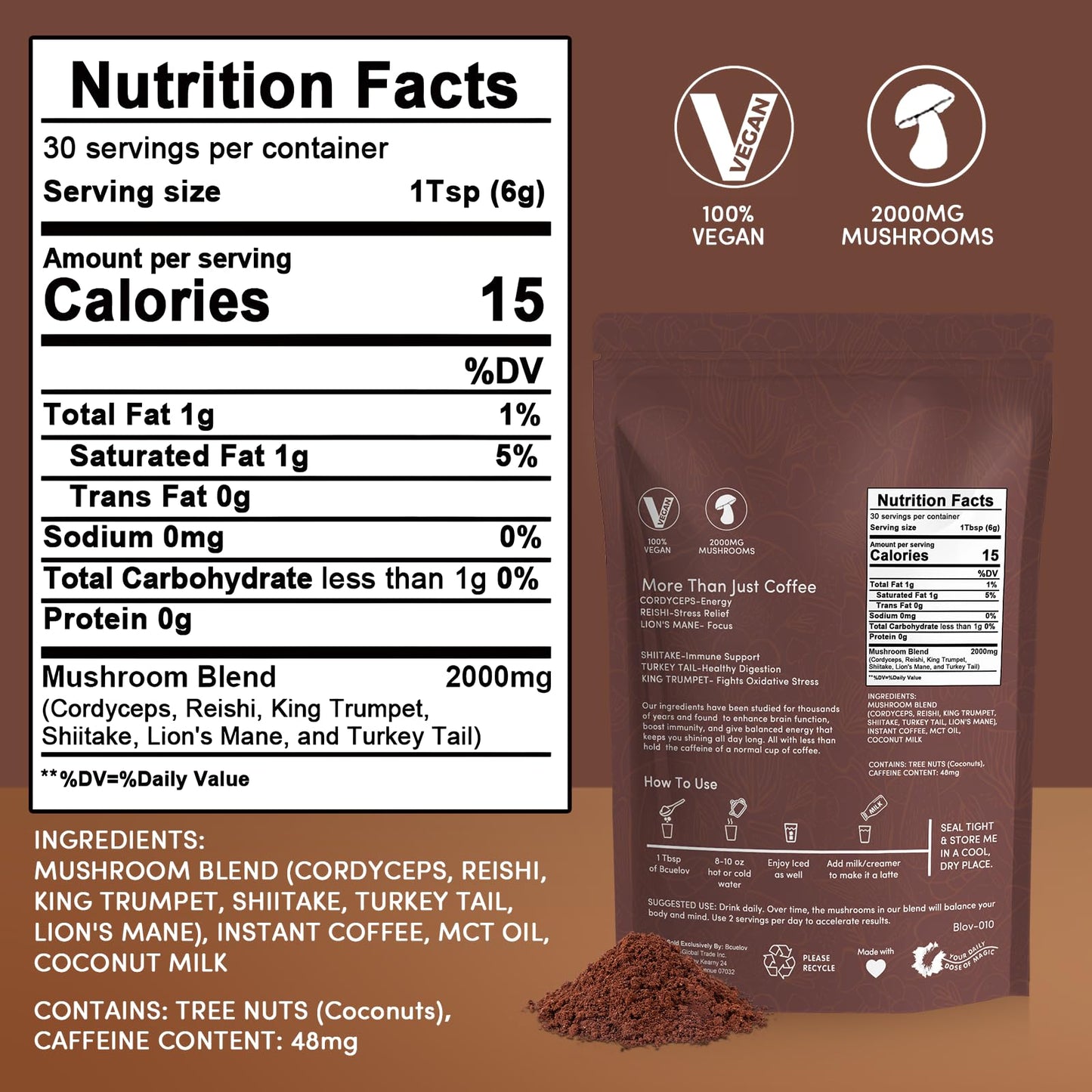 Bcuelov Mushroom Coffee Powder 12.7 oz