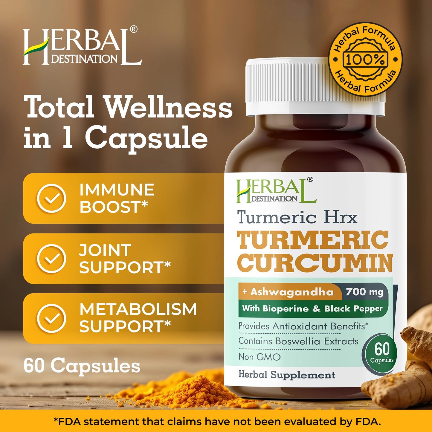 Herbal Destination Turmeric Curcumin with Boswellia & Ashwagandha Capsules, 60 Capsules