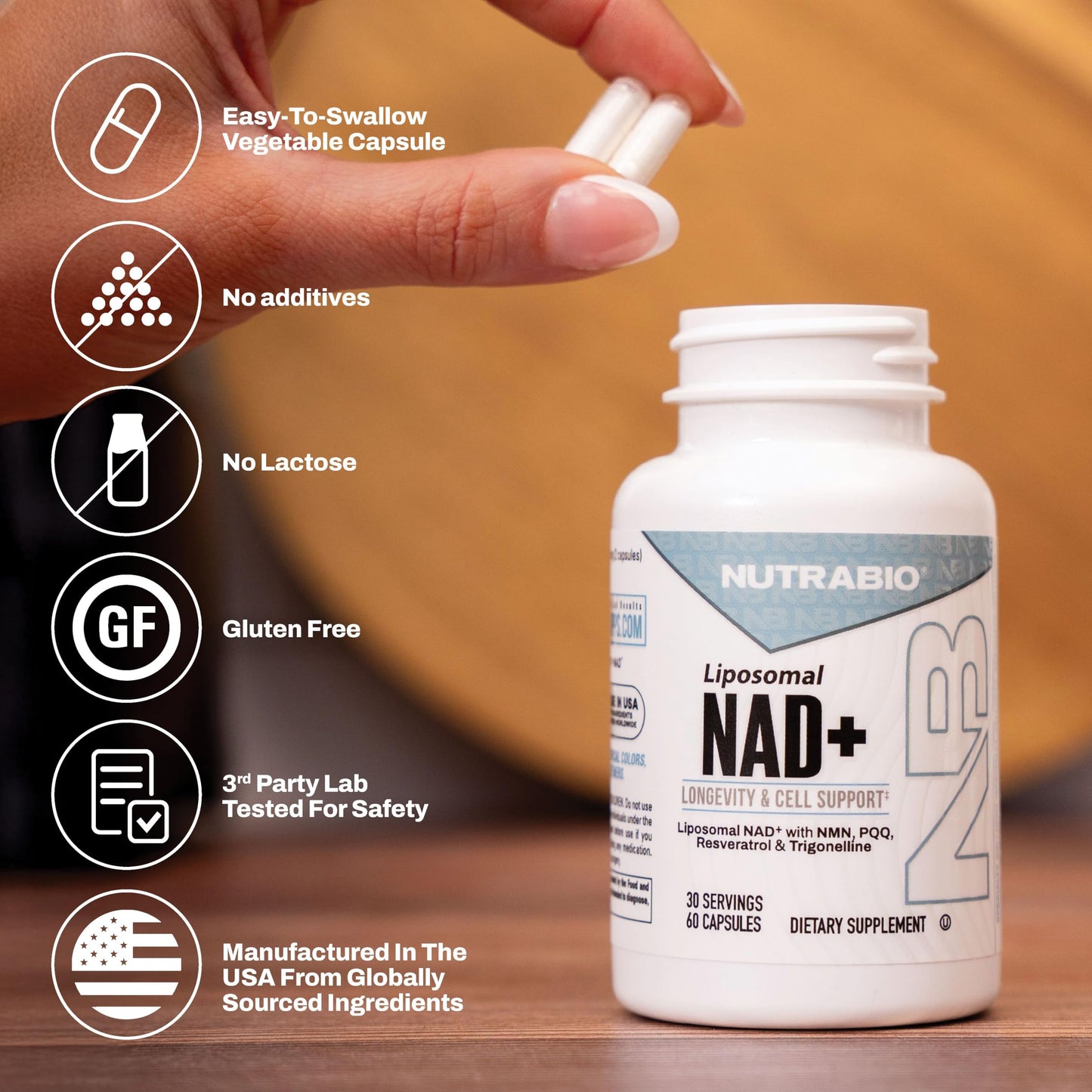 NutraBio Liposomal NAD+ Supplement with Resveratrol, NMN & PQQ, 60 Capsules
