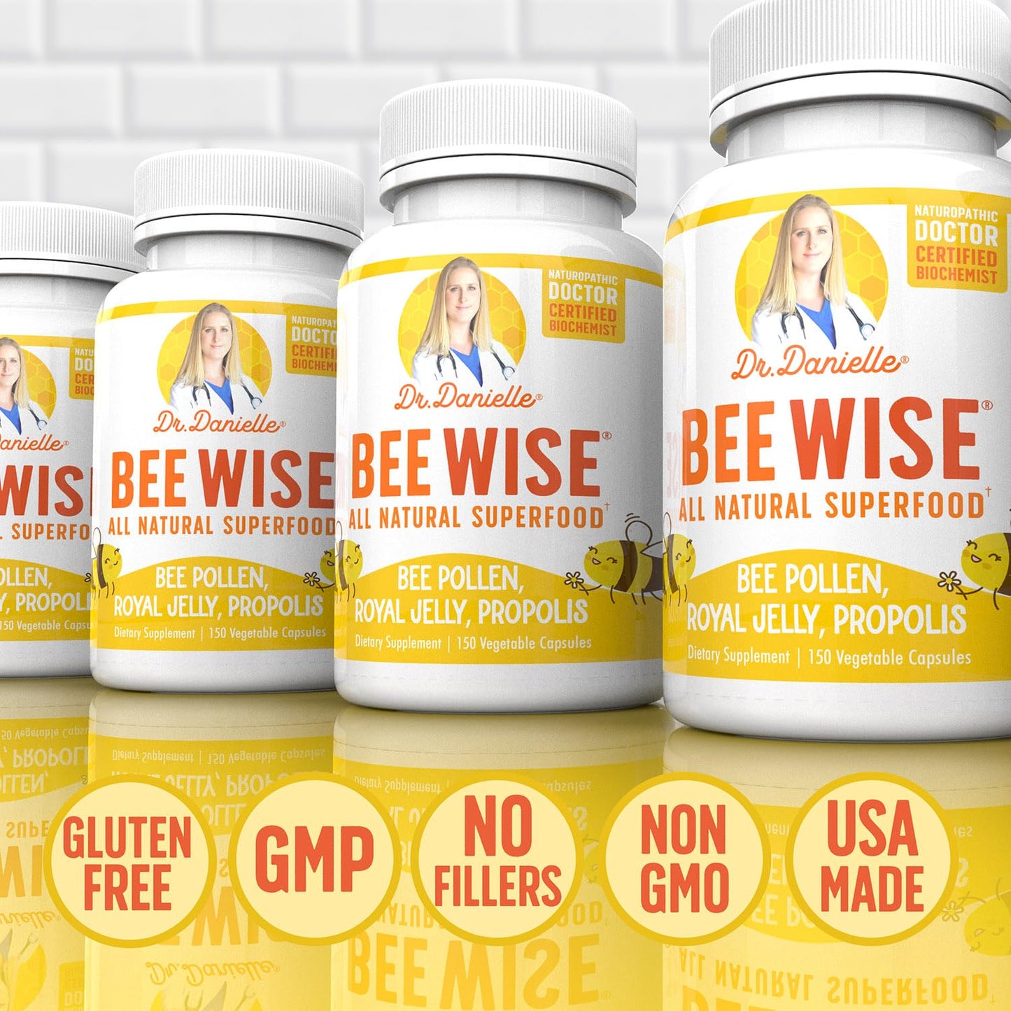 Doctor Danielle Bee Wise Bee Pollen Supplement with Royal Jelly, Propolis Capsule, 150 Count