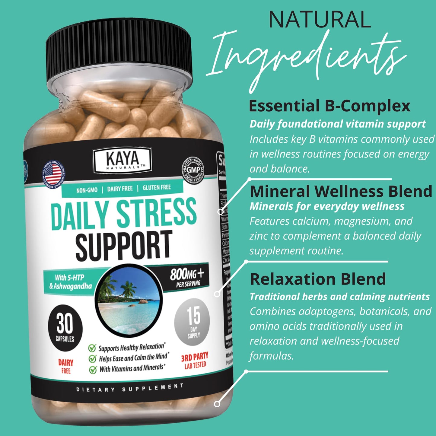 Kaya Naturals Herbal Stress Relief Support Vitamin Supplement Capsule, 30 Capsules