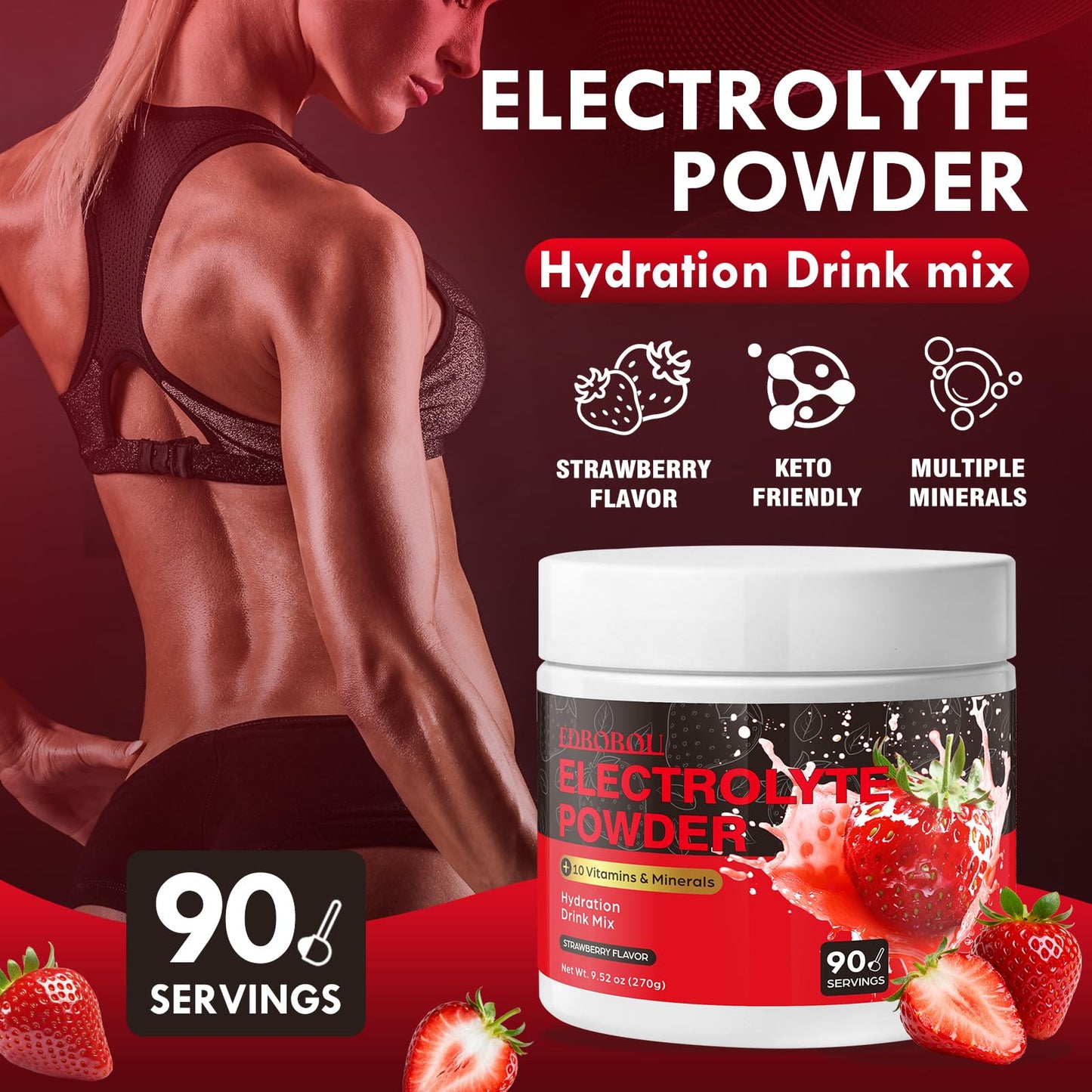EDBOBOU Strawberry Sugar-Free Electrolyte Powder 9.52 Ounce