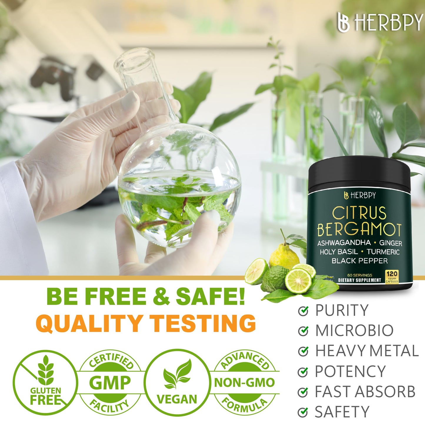 Herbpy 6in1 Citrus Bergamot Supplement with Ashwagandha, Holy Basil, Turmeric & Ginger Root Capsules, 120 Count