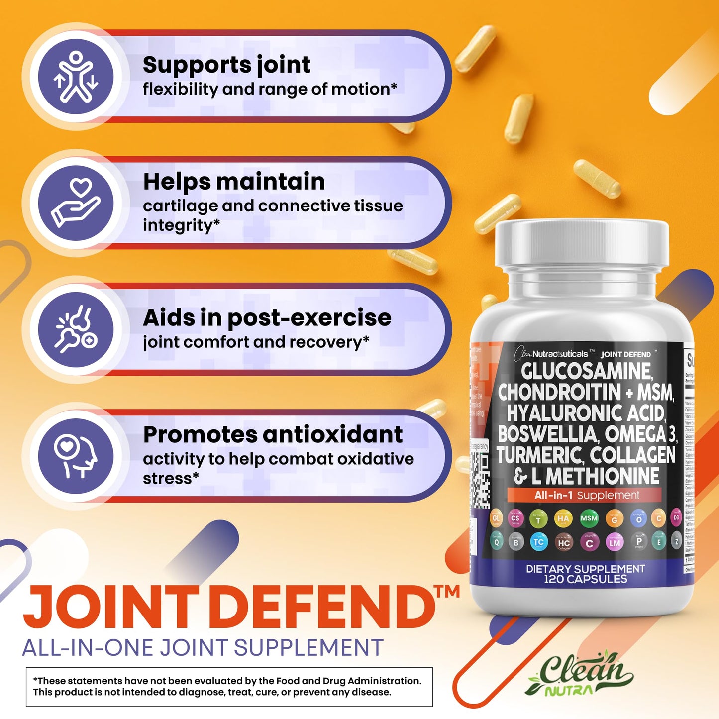 Clean Nutraceuticals Glucosamine Chondroitin MSM 1500mg with Turmeric Curcumin, Collagen, Hyaluronic Acid, Omega 3 Joint Health Supplement Capsule, 120 Count (Pack of 2)