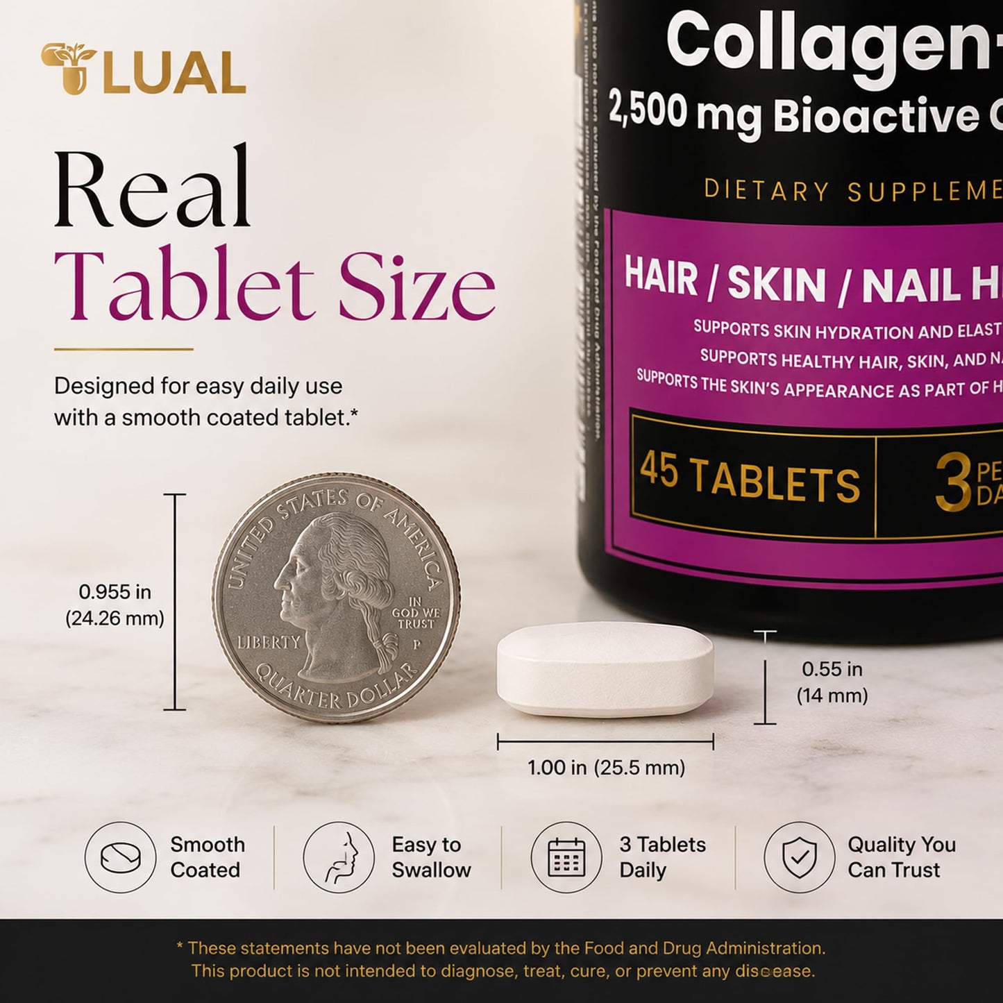 LUAL Collagen + Vitamin C Tablets, 45 Count