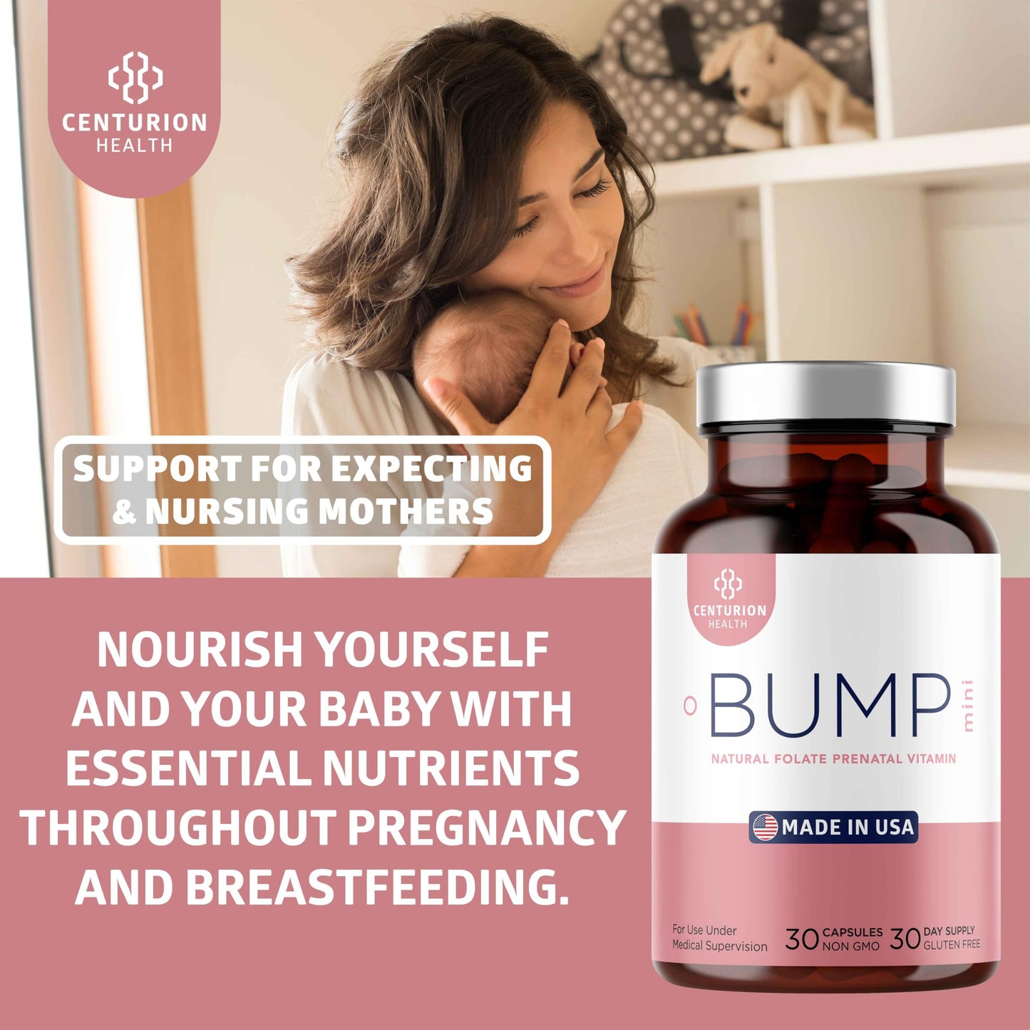 Centurion Health Bump Mini Complete Prenatal Vitamins for Women with Folate, Choline, Carbonyl Iron, Zinc, Vitamin D3 and Vitamin B12 for Fetal Development and Pregnancy Support Capsule 30
