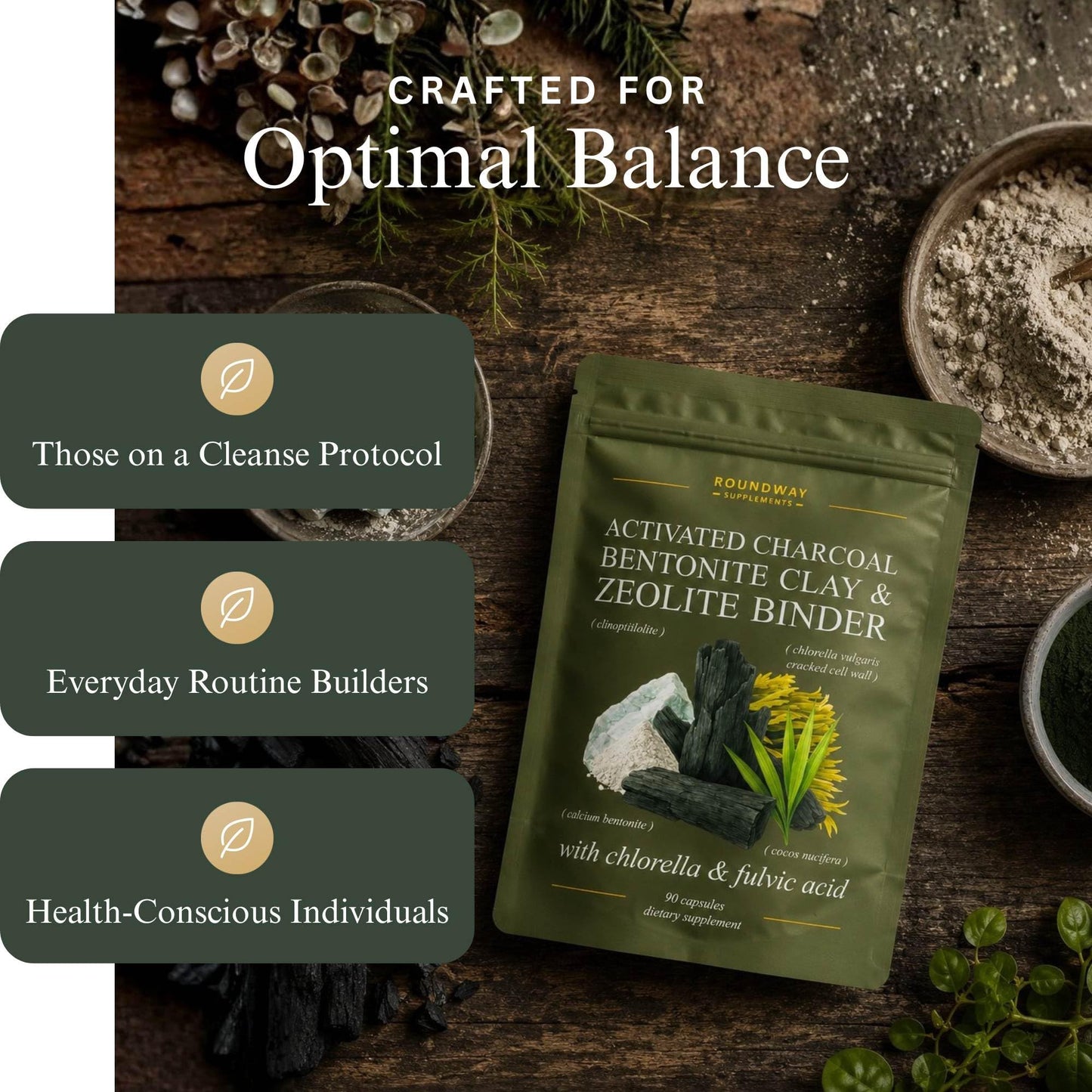 Roundway Supplements Zeolite Binder for Cleanse & Detox Protocols with Activated Charcoal, Bentonite Clay, Chlorella & Fulvic Acid Advanced Full Spectrum Binder, 90 Capsules