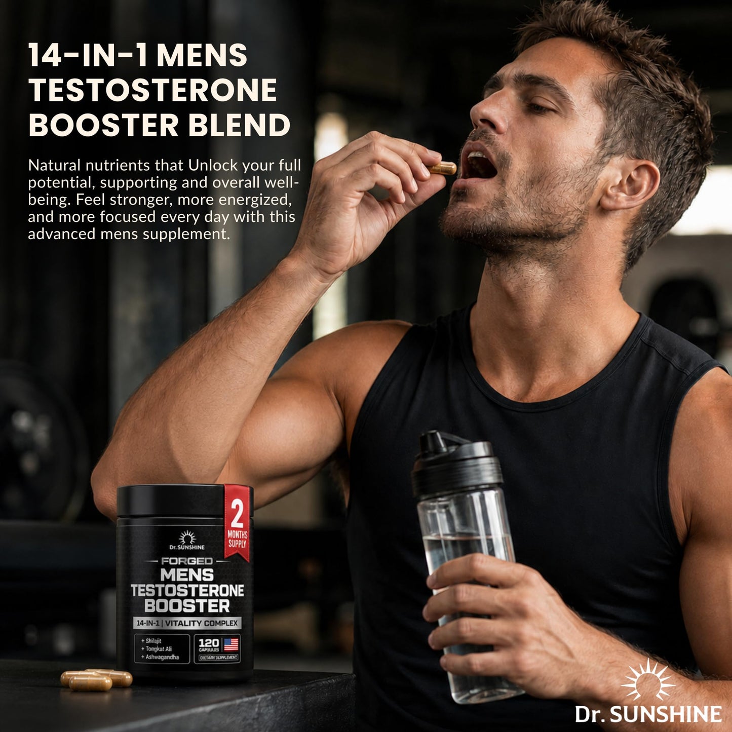 DR. SUNSHINE Forged Testosterone Supplement for Men –14 in 1 Natural Male Strength with Shilajit, Ashwagandha, Tongkat Ali – Muscle Builder Testosterone Booster, 120 Capsules