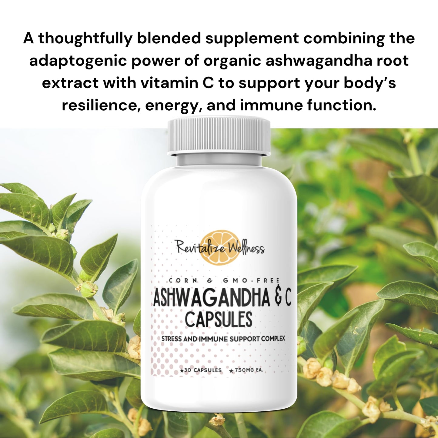 Revitalize Wellness Ashwagandha + Vitamin C Capsules, 30 Count