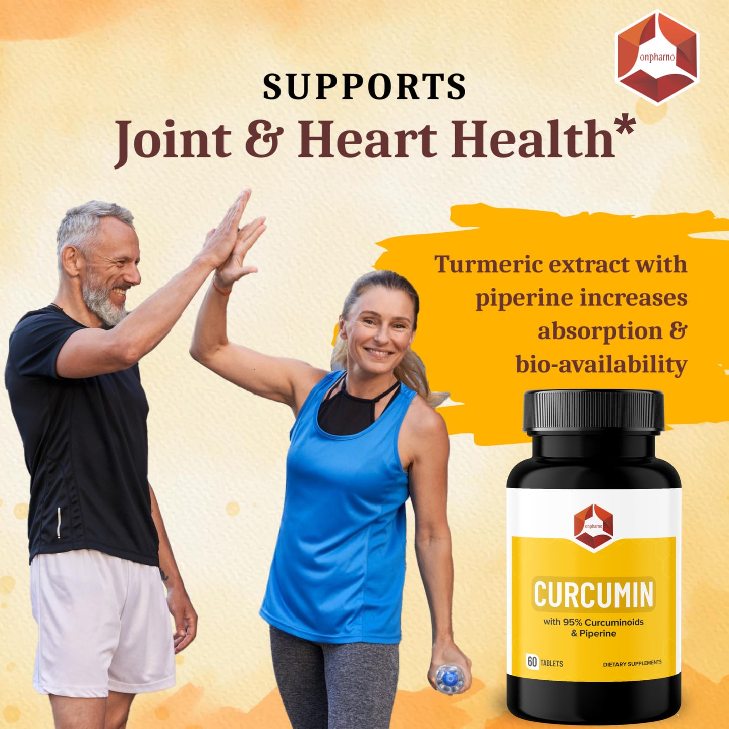 Onpharno Curcumin Tablets with 95% Curcuminoids & Piperine, Turmeric Extract with Black Pepper, 60 Tablets