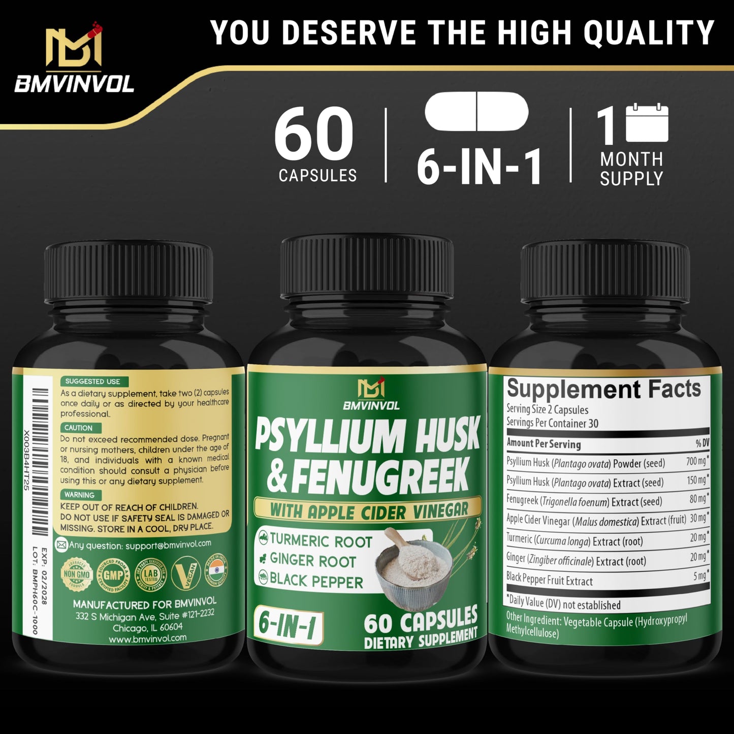 BMVINVOL 6in1 Psyllium Husk, Fenugreek, Apple Cider Vinegar, Turmeric, Ginger, Black Pepper Capsules, 60 Count