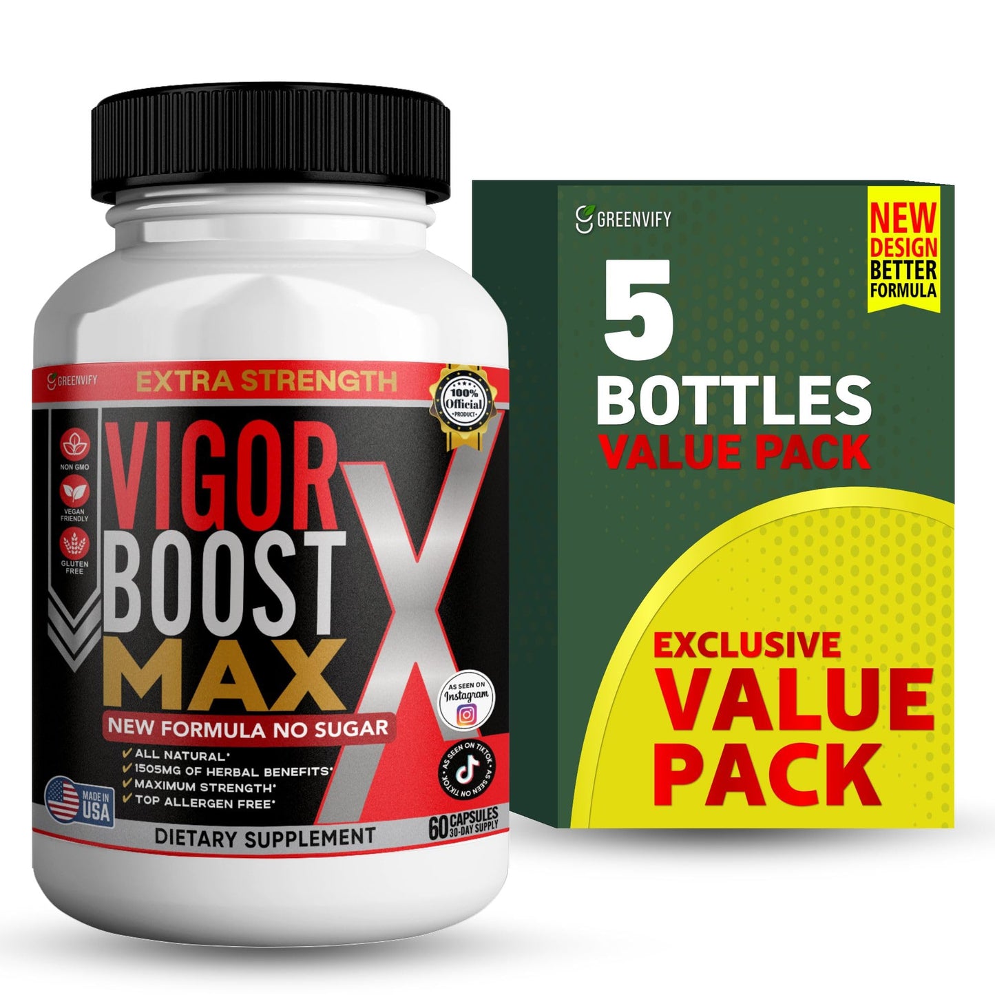 GREENVIFY Vigor Boost Max Extra Strength Organic Maca Root Supplement Black Red Yellow Maca 60 Capsules