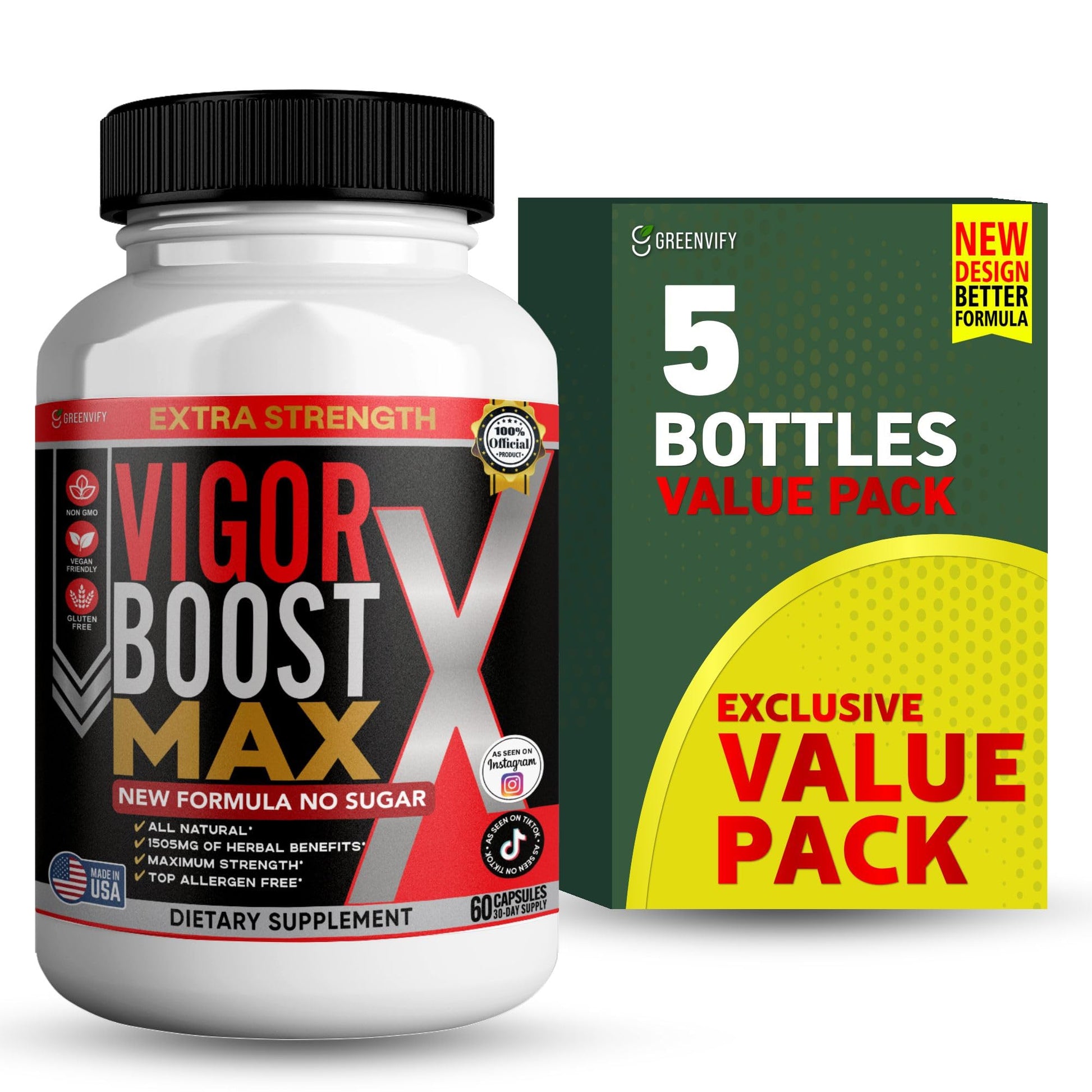 GREENVIFY Vigor Boost Max Extra Strength Organic Maca Root Supplement Black Red Yellow Maca 60 Capsules