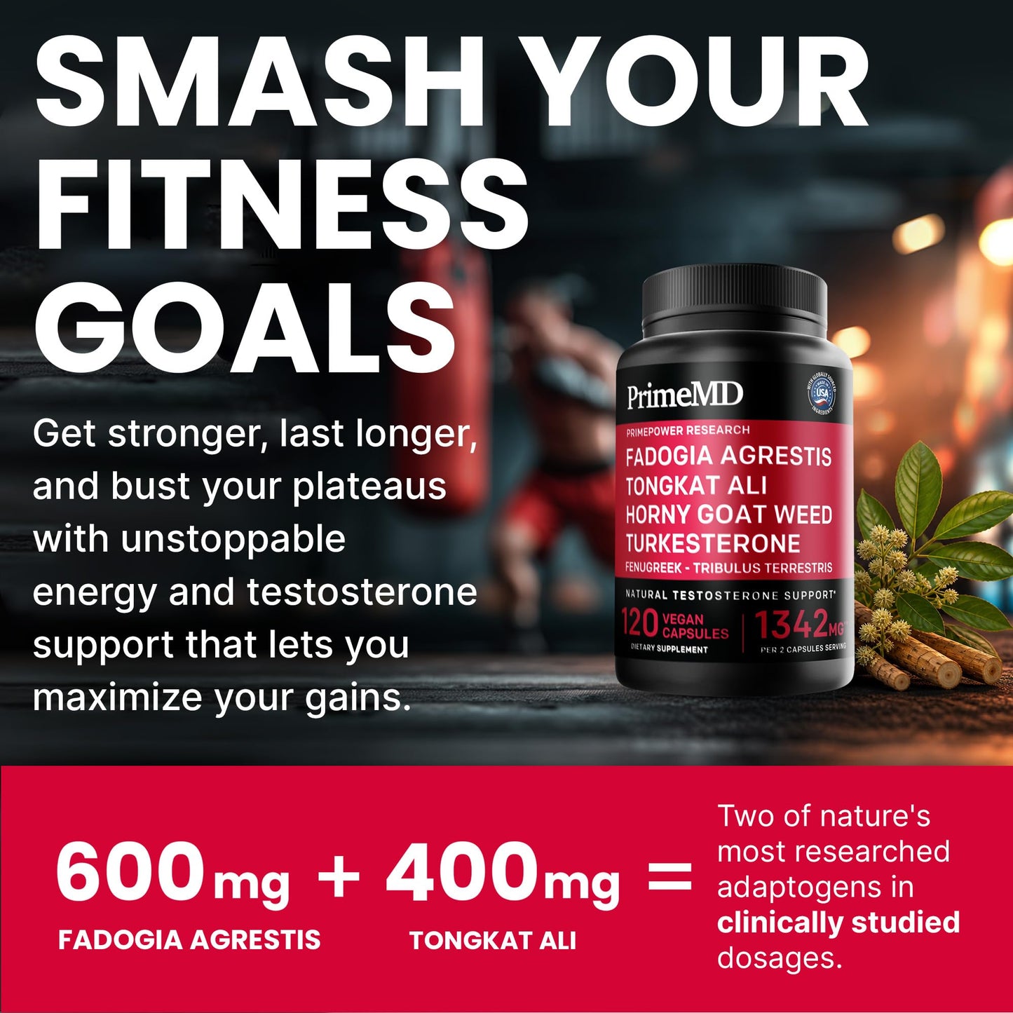 PrimeMD Fadogia Agrestis and Tongkat Ali Supplement for Men - 12-in-1 Testosterone Booster Capsules 120 Count