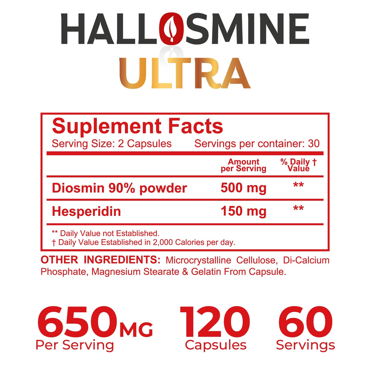 Hallusa Natural Hallosmine Ultra Diosmin Hesperidin Supplement Capsules, 120 Capsules
