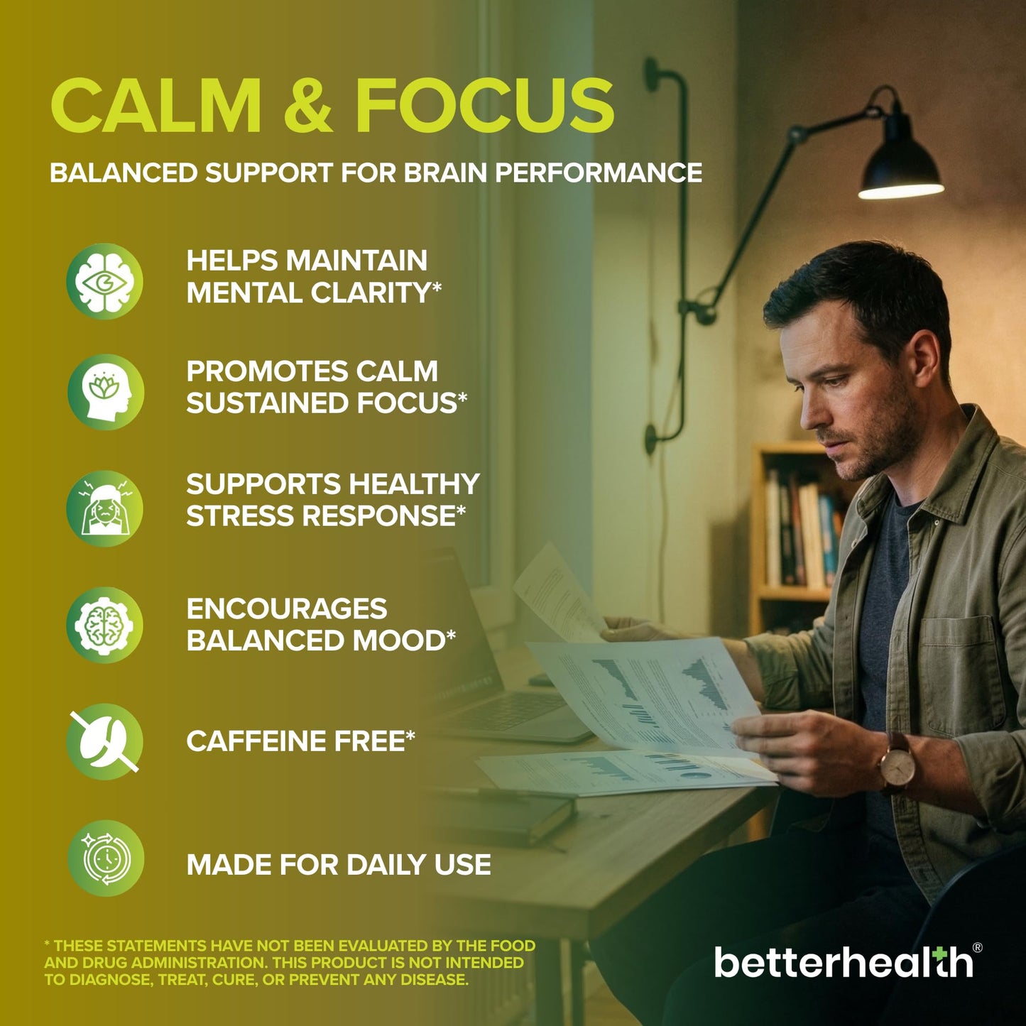 BetterHealth Brain Health Supplement for Memory, Focus & Calm, Cognitive Support with Ashwagandha, L-Theanine, Alpha GPC, Bacopa & Ginkgo, Daily Brain Support, 60 Capsules