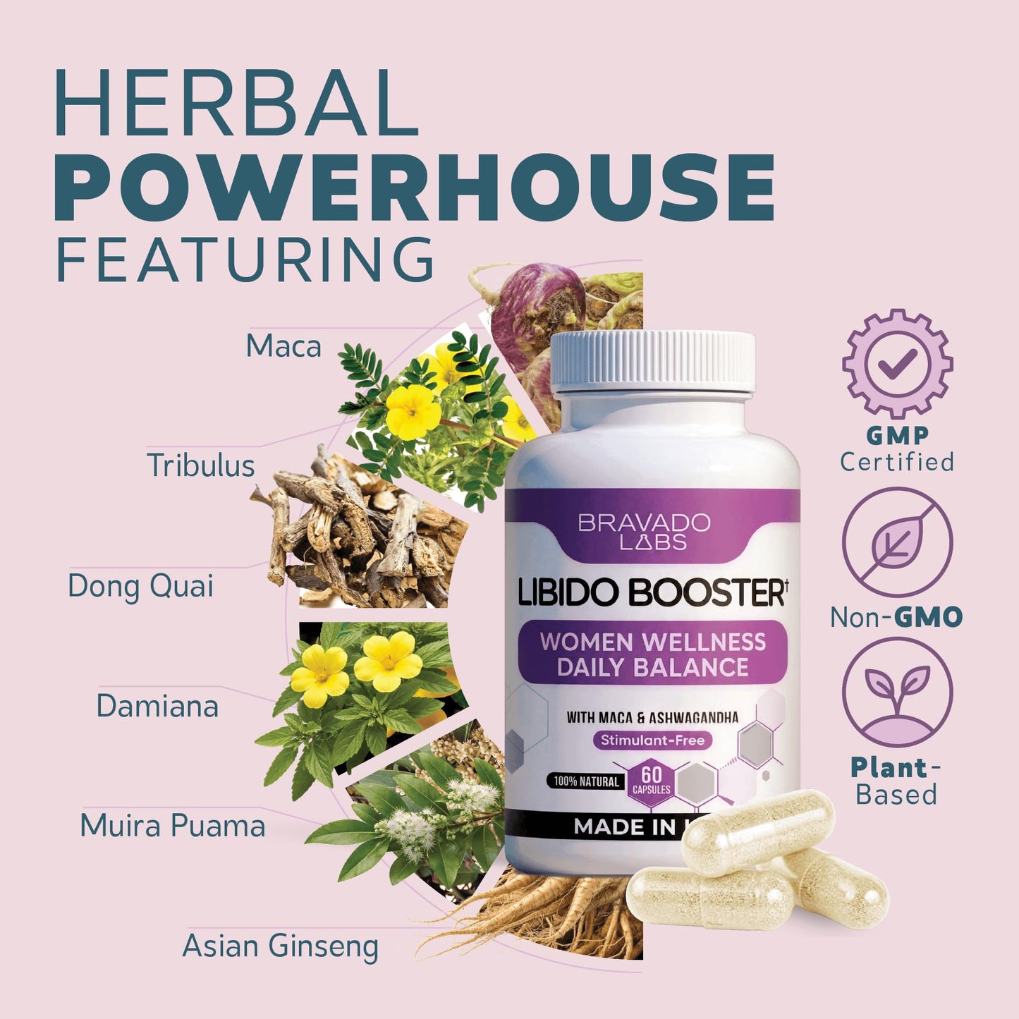 Bravado Labs Female Libido Booster for Women – Advanced Women’s Intimacy & Confidence Support – Plant-Based Herbal Blend with Maca, Ginseng & L-Arginine – 60 Capsules