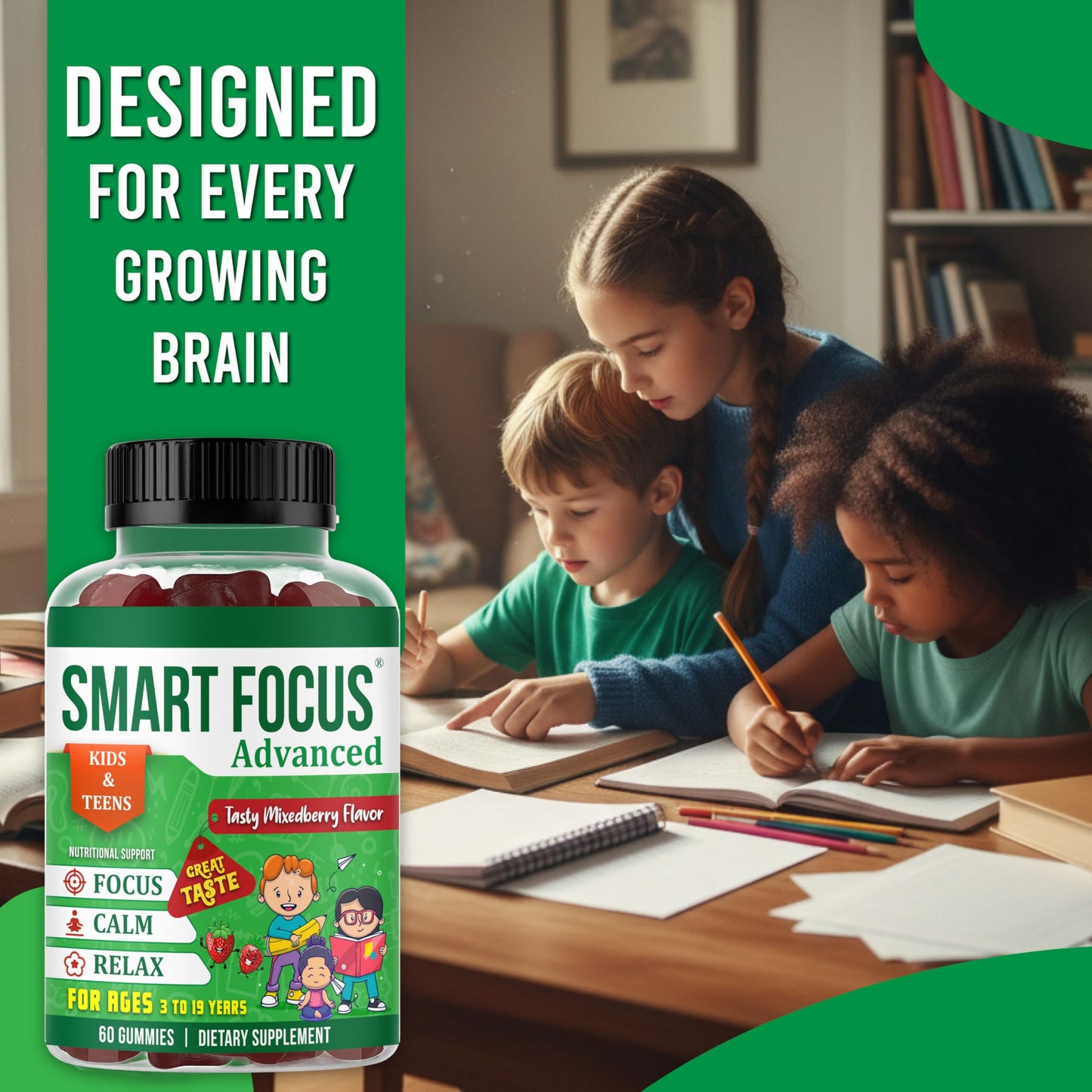 Smart Focus Calm and Focus Supplements for Kids & Teens Magnesium Calm Gummies for Mood & Relaxed Sleep, Natural Mixed Berry Flavor, 60 Gummies